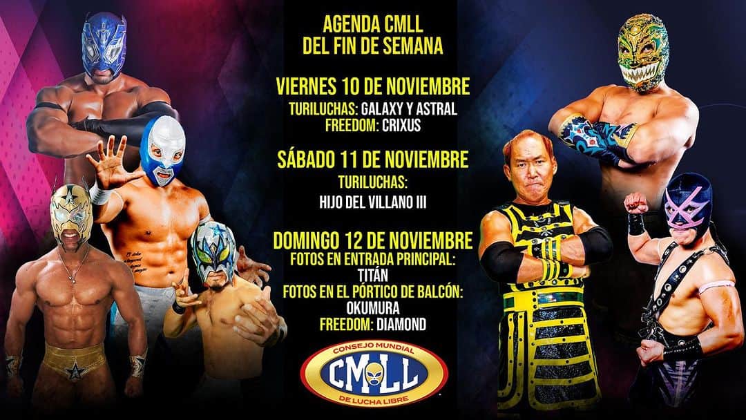 奥村茂雄のインスタグラム：「Este domingo 12 de noviembre a las 4:00 pm nos veremos en el pórtico de balcón de la Arena México! #DomingoFamiliarCMLL  - - #cmll #arenemexico #okumura #tifondeosaka #guerrerosamurai」