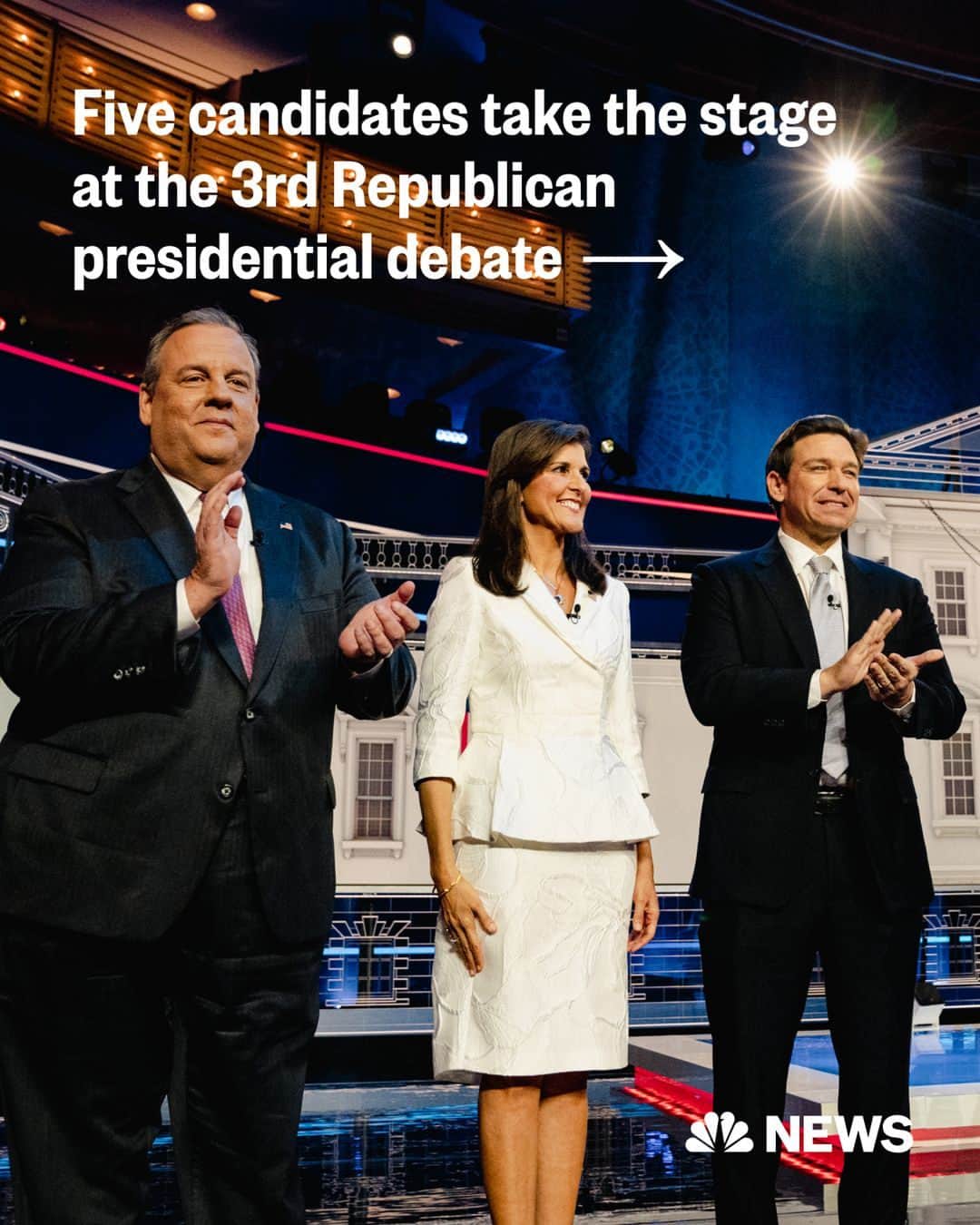 NBC Newsのインスタグラム：「Nikki Haley, Ron DeSantis, Vivek Ramaswamy, Chris Christie and Tim Scott are are facing off tonight in Miami at the NBC News Republican Presidential Debate.  Donald Trump is not participating in the debate but instead is holding a rally in Florida.  Follow live updates at the link in our bio.」