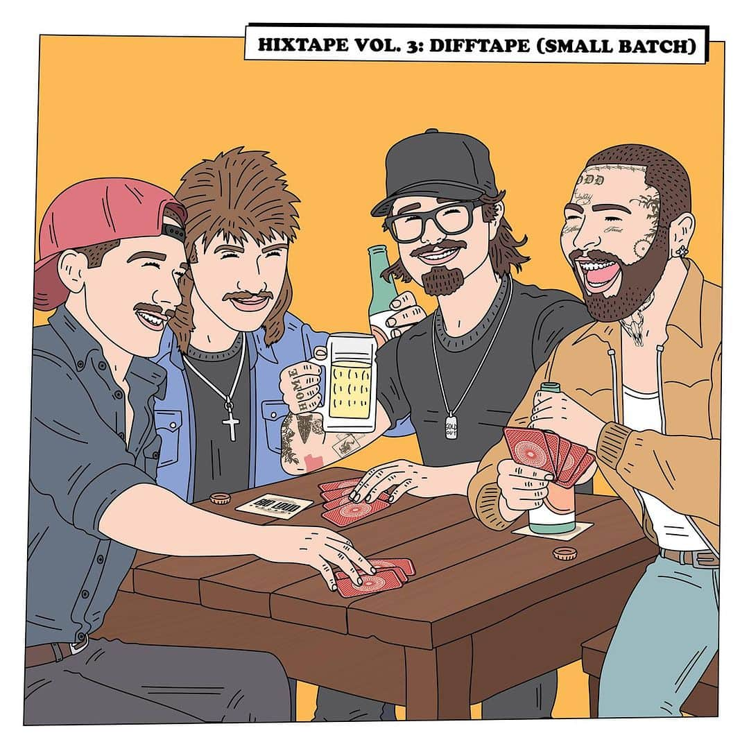 ポスト・マローンのインスタグラム：「This hits DIFFerent 🍻 First two tracks off Vol. 3 featuring @hardy, @morganwallen, @postmalone & @officialjoediffie are out now! Link in bio. #DIFFTAPE #cmaawards」