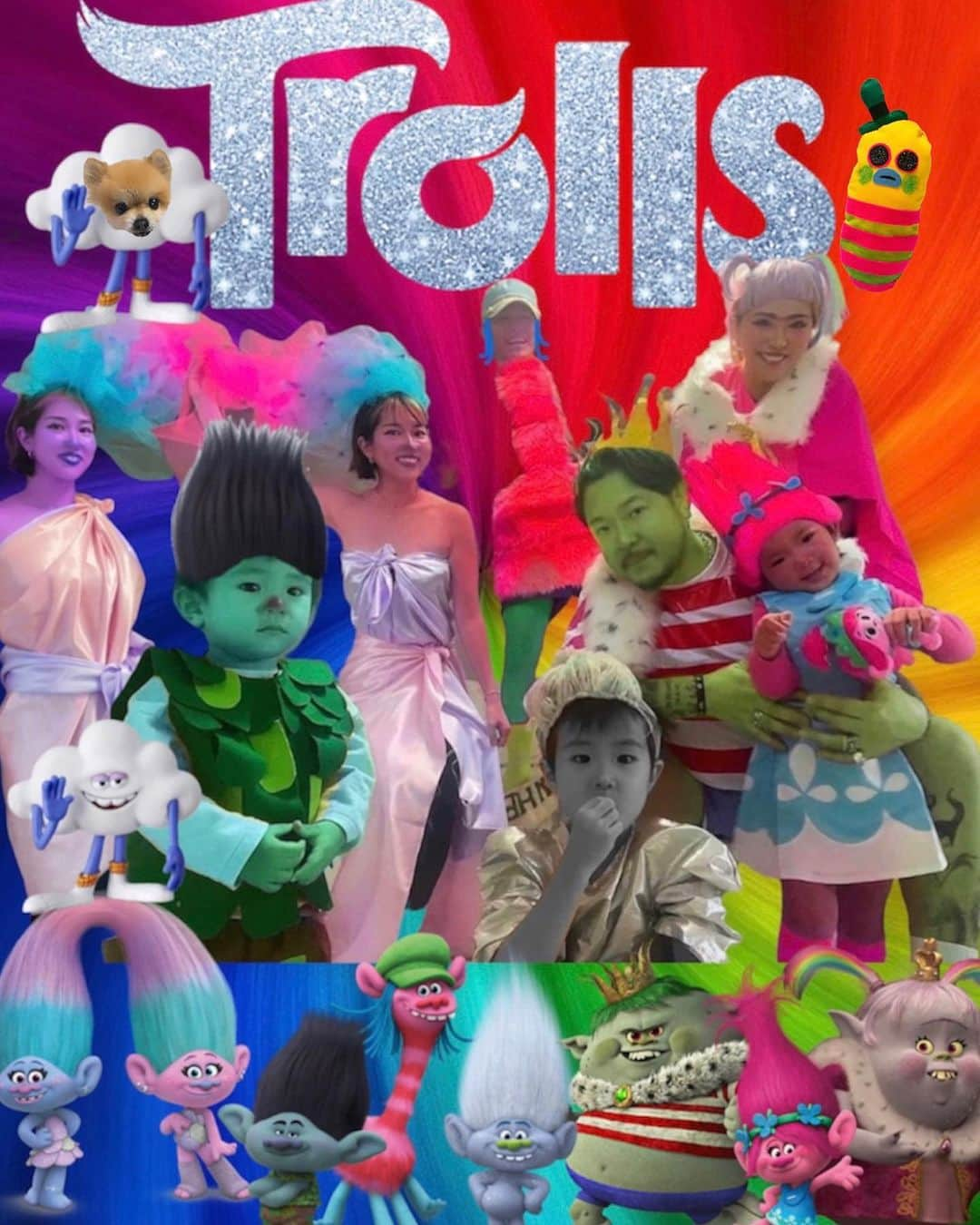 miniのインスタグラム：「Trolls💜🩷🩵💙💚💛🧡  今年のFamily HalloweenはTrolls🔥  @takeshiiter & @maamaki0518 Familyも巻き添えにして🤣❤️‍🔥🙏🏽✨🔥  我が家は、ベルゲンとブリジット🧌🧌 アリエルはポピー💖  @takeshiiter は、クーパー💙💚🩷 @maamaki0518 は、サテンとシェニール🩷💜💓💜 りんは、ガイダイヤモンド💎 こたは、ブランチ💚💙 ムニは、クラウドガイ☁️🧦  皆の衣装は全部手作り🪡🧵 ミシン頑張った🔥✨✨ ミスターティンクルスも作ったよ💚🐛  最後は皆大好きたけ子💓💜がtrollsを読んでくれてます🤣 明日ツルツルなのやめw  今年のHalloweenも楽しくやり切った❤️‍🔥❤️‍🔥❤️‍🔥🎃💜💜💜 皆付き合ってくれてありがとう🙏🏽💞💞  #happyhalloween #halloween #trolls #trollshalloween #trollscosplay #trollscostume #familyhalloween #familyhalloweencostumes #familytrolls #トロールズ #トロールズハロウィン #親子ハロウィン #ファミリーハロウィン #トロールズコスプレ #mini_trickortreat」