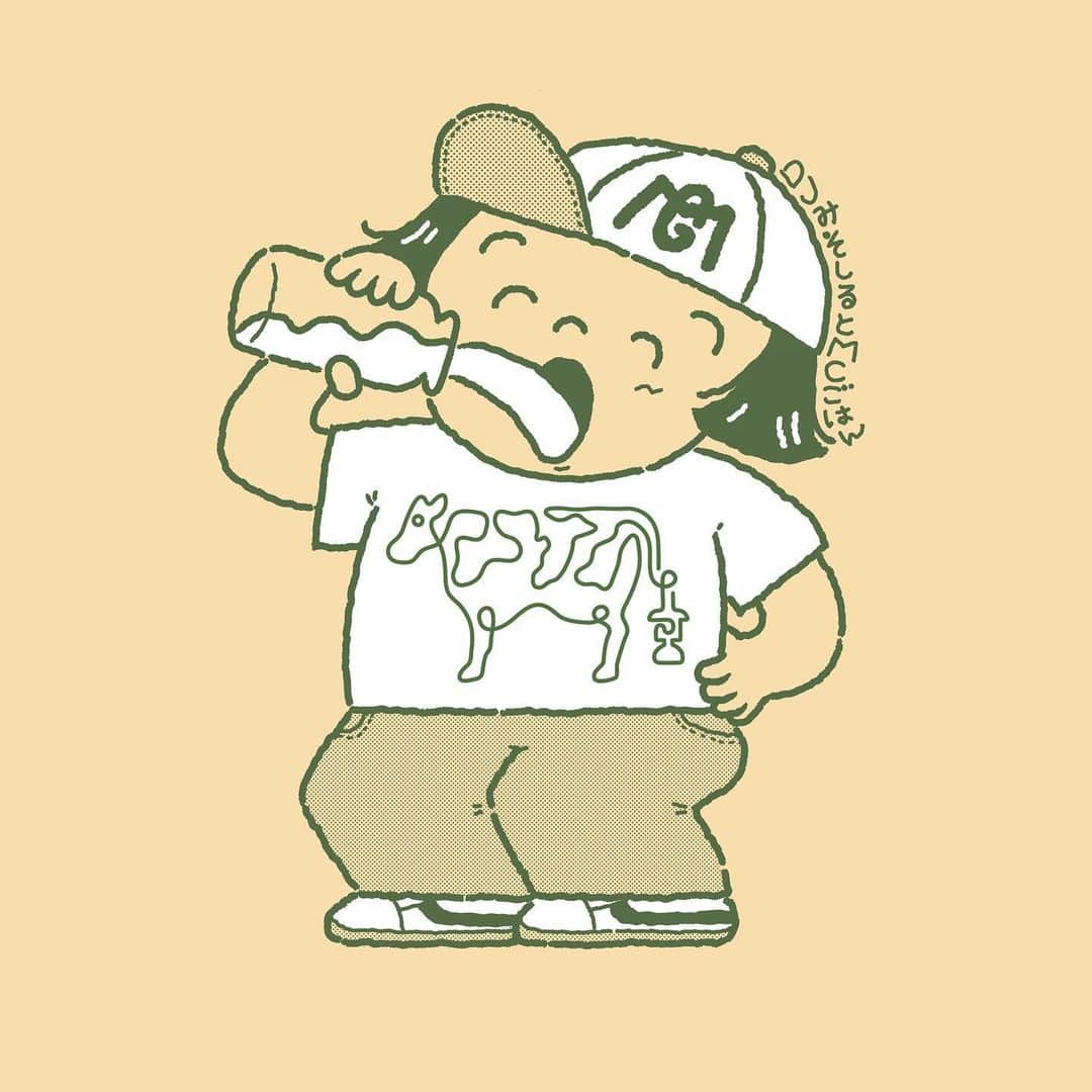 DJみそしるとMCごはんのインスタグラム：「ウシノヒロバさん @chibaushinohiroba とのコラボグッズのイラスト🥛🐮✨ 先日、Tシャツやステッカーをお買い上げいただいたみなさん、ありがとうございました！銭湯に行った帰りに着て、牛乳ゴクゴク飲みたい感じ！」