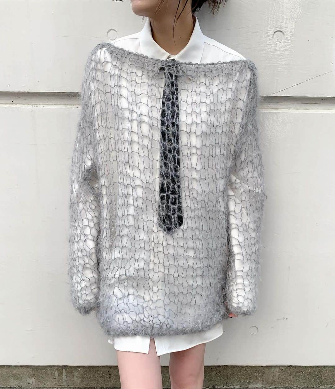 birthdeathのインスタグラム：「New Arrival  TOFFS - Gray hand knitted mohair fishnet sweater  #birthdeath #vintage」