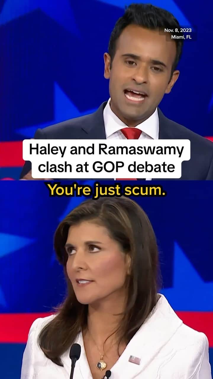 NBC Newsのインスタグラム：「Vivek Ramaswamy and Nikki Haley shared a number of tense moments at the Republican primary debate, with the tension carrying over post-debate.」