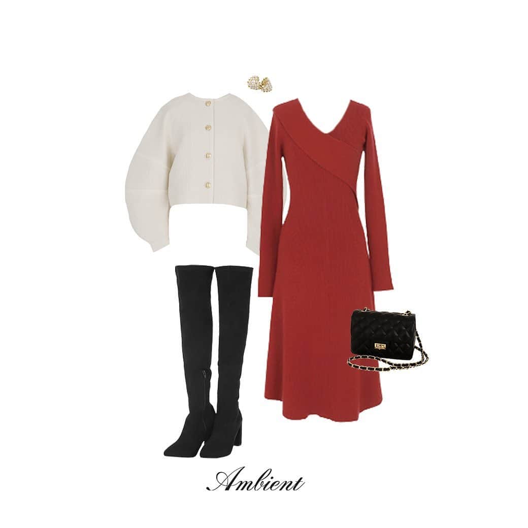 デュラスアンビエントのインスタグラム：「𝑯𝑶𝑳𝑰𝑫𝑨𝒀 𝑫𝑨𝑻𝑬 𝑺𝑻𝒀𝑳𝑬 🥂🌹💋  OUTER : #ツイードジャケット ONE PIECE: #Ｖネックリブデザインニットワンピース ＿＿＿＿＿＿＿＿＿＿＿ ✔︎ @ambient_styling #AMBIENT #ambient_official #ambientstyle #アンビエント #デートコーデ #ホリデー #クリスマスコーデ #ワンピース」