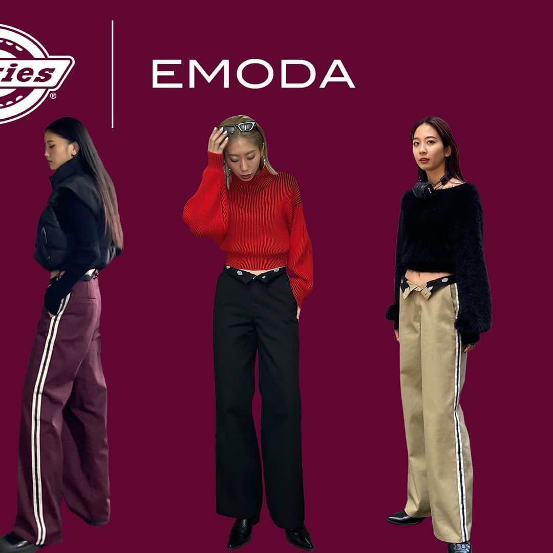 EMODA_LOOK BOOKさんのインスタグラム写真 - (EMODA_LOOK BOOKInstagram)「Dickies® | EMODA original item ＿＿＿＿＿＿＿＿＿＿＿＿＿＿＿＿＿＿＿＿＿＿＿＿ 毎回人気のDickies®とのオリジナルアイテムが秋冬ver.として登場。 サイドラインが今季らしいNEWデザイン。Dickies®ロゴがアクセントの折り返せるウエストラインがポイントのEMODAオリジナルパターンPANTS。 ＿＿＿＿＿＿＿＿＿＿＿＿＿＿＿＿＿＿＿＿＿＿＿＿ ・【DICKIES別注】SIDE LINE PANTS BLK,BEG,RED ￥19,800 tax'in  NAVYラインでさりげない差し色がコーデに溶け込む定番BLACK、GREENラインでボトム全体とのコントラストが映えるBEIGE、GRAYラインでシックなカラーの組み合わせがオシャレ見えするRED、の3色展開。 TCツイル生地：Dickies®の代名詞ともいうべき定番素材。ハリのある手触りと質感が特徴で耐久性があり汚れも落ちやすい特性。Dickies®らしい生地の張りを残しながら、洗い加工によるしなやかな風合いで着心地も良い仕上げに。  ■発売日程 ・2023.11.9(thu) EMODA全店舗・RUNWAYhannel にて発売  ＿＿＿＿＿＿＿＿＿＿＿＿＿＿＿＿＿＿＿＿＿＿＿＿  ■Dickies®( @dickies ) アメリカ・テキサス州の小さなオーバーオール会社からスタート。 そこから世界中で愛用される一大ブランドへと成長した背景には、創業から続く徹底した機能性へのこだわりがあります。 西海岸のスケーターたちが丈夫で価格の手ごろな「874」を愛用したことで、各分野のアーティストへも浸透。 世界各地のカルチャーシーンへと飛び火し、カジュアルファッションのブランドとしての地位を確立。 ヨーロッパ、アジア、南米、アフリカなど世界110カ国以上でDickies®ブランドの商品が販売されています。  ＿＿＿＿＿＿＿＿＿＿＿＿＿＿＿＿＿＿＿＿＿＿＿＿  プロフィール( @emoda_official )のURL&storiesからチェック✔  #EMODA #Dickies」11月9日 17時08分 - emoda_snap