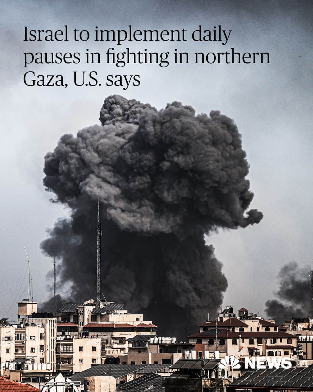 NBC Newsのインスタグラム：「Israel will implement four-hour pauses in fighting in parts of the northern Gaza Strip each day, White House National Security Council spokesperson John Kirby said.  An announcement will be made three hours before each pause and the Israeli military assured the U.S. there will be no operations in designated areas during those times, he told reporters in a briefing.  Kirby's comments came after the U.S. was said to be discussing with Israel and Qatar a possible proposal for a dayslong pause in the fighting, according to two foreign diplomats and a U.S. official.   It is unclear how exactly these pauses will differ from current ones, which Israel has been implementing for the past several days. Israeli officials have said that the brief suspensions in fighting have been to allow Palestinian civilians in northern Gaza to move south.  Read more at the link in bio.」