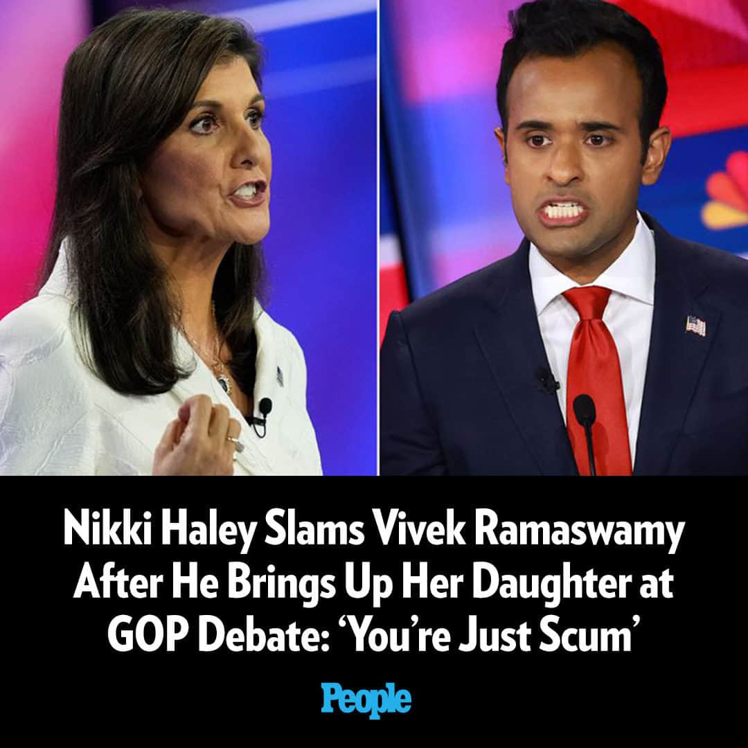 People Magazineのインスタグラム：「Nikki Haley had no patience for Vivek Ramaswamy’s digs at her family during Wednesday’s Republican presidential debate on NBC.  Throughout the program, the candidates discussed the ongoing war between Israel and Hamas, discredited Trump and traded jabs at each other about social media.  At one point, Ramaswamy — a far-right entrepreneur who is new to the political arena — made things personal for Haley as he called out her daughter Rena for using TikTok, a popular Chinese-owned social media platform that has become a hot-button issue in the Republican Party over national security concerns.  Read more in our bio link. | 📷: AP/Getty」