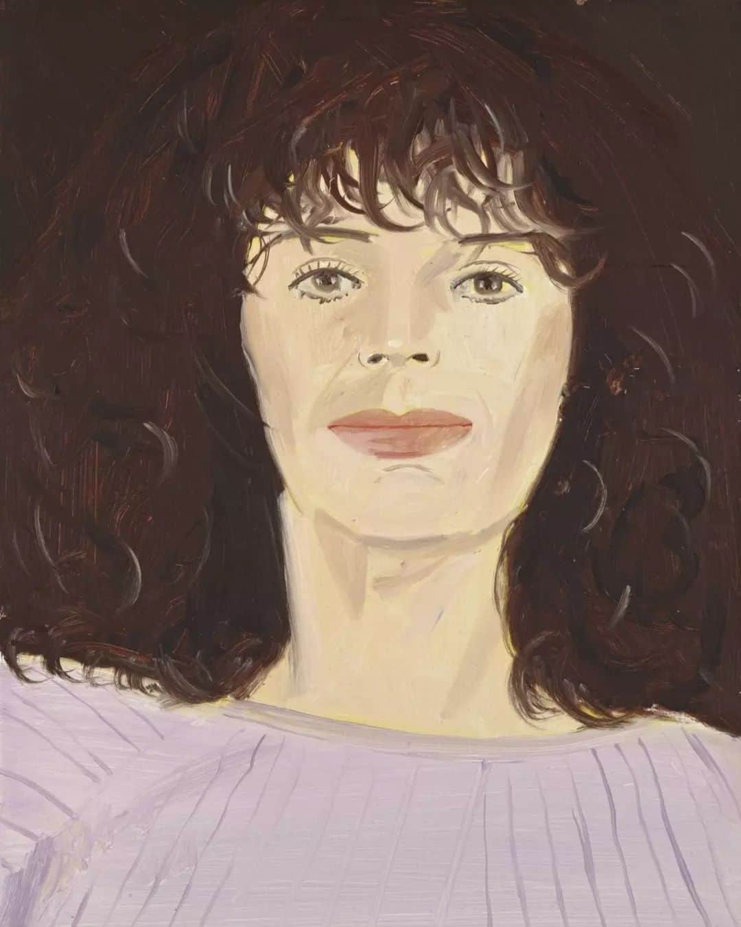 テート・ギャラリーのインスタグラム：「'I’m not interested in creating a world, I’m interested in capturing a moment.'  American figurative artist Alex Katz has been painting portraits of his family and friends in New York since the 1950s. With flat planes of rich colour, his portraits have a slick finish and detached manner, with a hint of melancholy. Katz offers us the pure sensation of outward appearance—not who these people are, but how they appeared at a specific moment. He said 'I like to give the viewer a sense that they can walk into the painting.'  Katz still paints daily in his New York studio. His striking paintings make us see the world the way he sees it, clear, colourful and up close.  @AlexKatzOfficial 🖼️ Pink Sweater 1981 🖼️ Kate 1993 🖼️ Vincent 1996 (the artist's son) 🖼️ Eli’s Friend 1985」