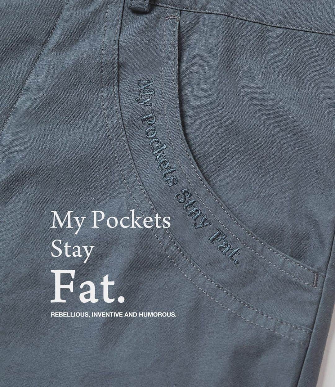 のインスタグラム：「「My Pockets Stay Fat」 名曲のリリックをサンプリングしたワンフレーズをポケット部分に直刺繍。 さりげないアクセントが気分を盛り上げます。 ワタリを広げたゆったりリラックス感のあるシルエットとなっております。  #applebum #pocketsstayfat」