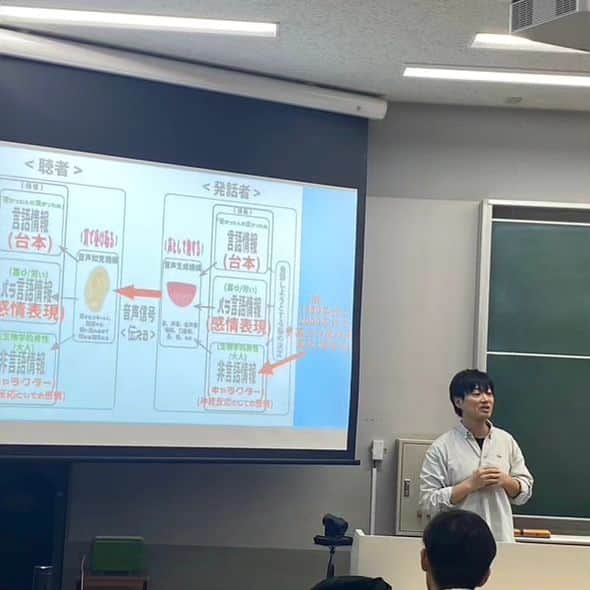 長塚全のインスタグラム：「慶應義塾大学で2020年から行わせて頂いてるゲスト講義「声優学」。  今年2023年も前期、後期とさせて頂きました。  声優学は声優や声優を目指す人の的確なレベルアップの為はもちろんですが その技術は日常のコミュニケーション、面接、プレゼン、接客など向上にも繋がるとしています。  面接での話し方、印象の話も盛り込まれてますが、前期も受けてくれたと言う学生が「講義受けてから面接無双で一つも落ちずに就職決まりました！」と報告くれて、ガッツポーズでした！ もちろん本人の実力や人柄あってですが、役に立ったと思ってもらえて、声優学作って良かったと思いました。 ありがとう😊」