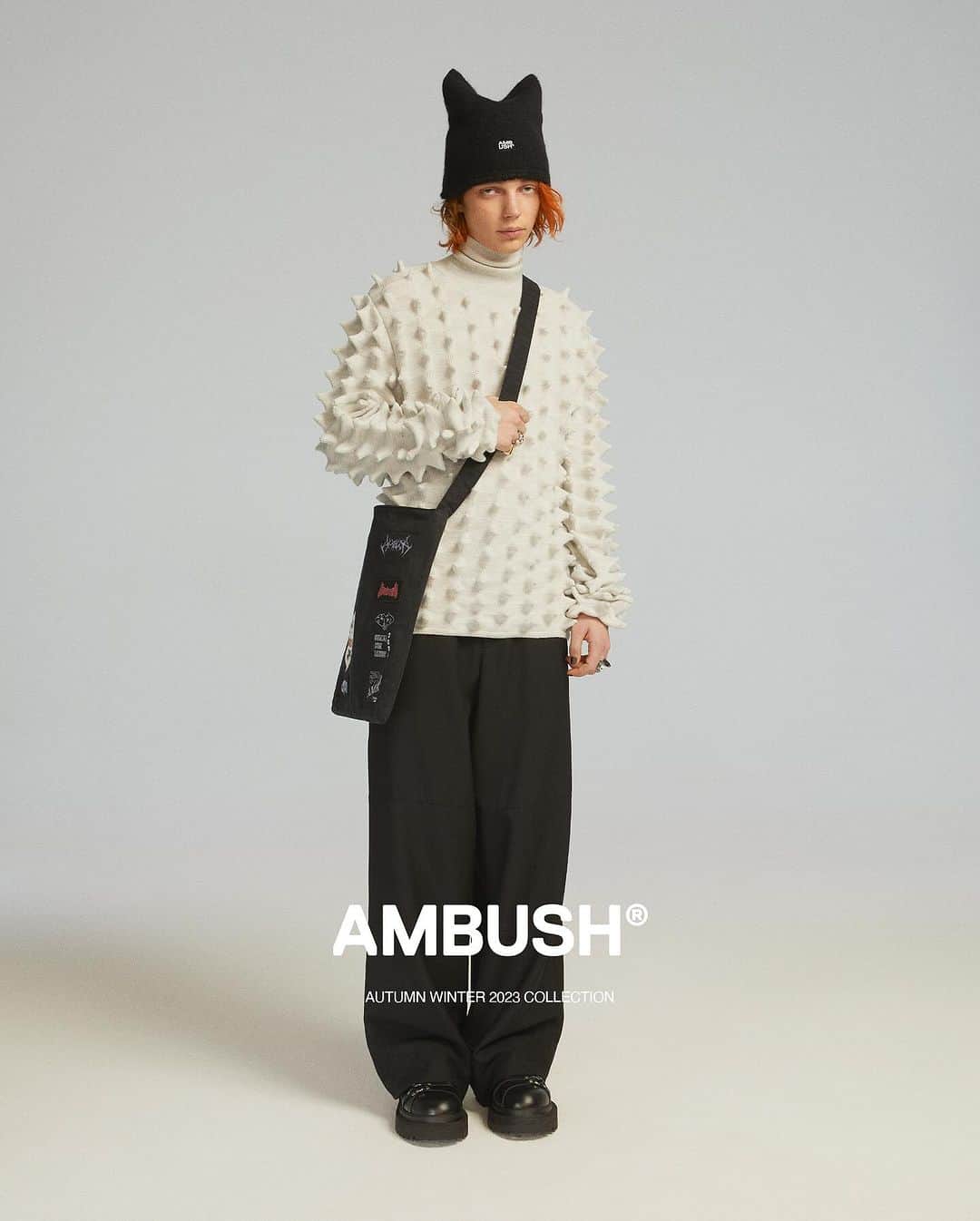 AMBUSHのインスタグラム：「#AMBUSH AW23 COLLECTION Stretchy, spiky knitwear. Black or off-white, cropped or regular length, now available at our WEBSHOP and WORKSHOP」