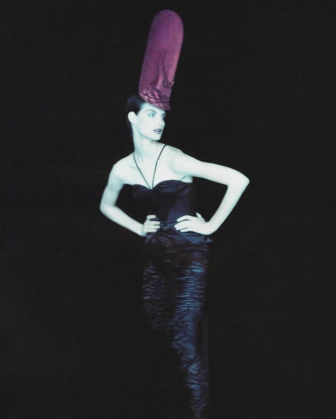 フィリップトレーシーのインスタグラム：「Repost• @chrisnichollsphotography Mella - from the archive Styled by the fabulous John Sobierajski, gone but not forgotten ❤️ HMU @davidgoveia  Hat by @philiptreacy  ❤️Kate Richardson Mella is with @spot6management  8 x 10 colour Polaroid, natural light」