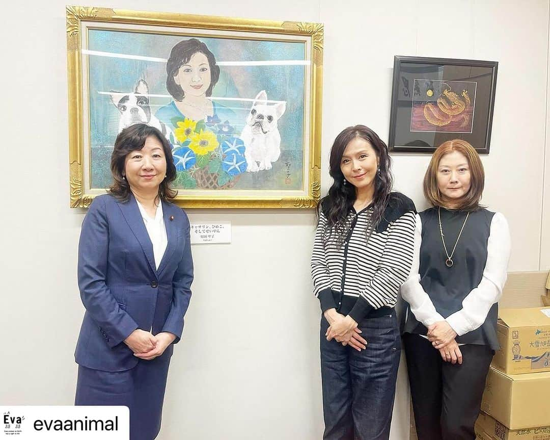 杉本彩のインスタグラム：「#Repost evaanimal with @use.repost ・・・ 昨日Evaは、自民党の野田聖子議員にお時間をいただき、次期法改正に向けて、緊急一時保護制度や動物愛護団体を含む動物取扱業者に対する規制、犬猫及び野生動物の移動販売や野生動物カフェの問題、そして産業動物の福祉についてお話ししてきました。 問題の大きさと根深さに終始耳を傾け、それぞれの課題についてどのように改正していったら良いか、例えば子どもを守る法律と同じ手法で改正できないかなど、検討し動いてみますと大変心強いコメントをいただきました。 お忙しい中、お時間いただき誠にありがとうございました。 実行性のある改正に向け、引き続き全力で活動してまいります。  #野田聖子 先生 #動物愛護管理法 #改正動物愛護管理法 #緊急一時保護制度 #動物環境福祉協会eva #杉本彩」