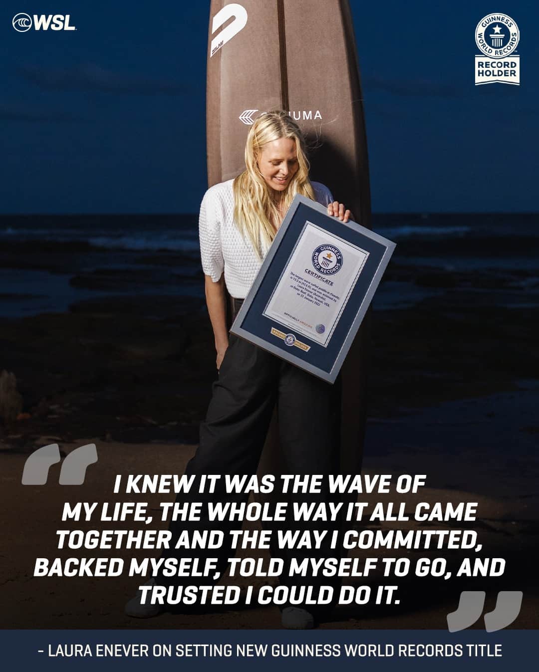 世界プロサーフィン連盟（WSL）のインスタグラム：「You never know, that voice inside your head might lead you to set a @guinnessworldrecords. @lauraenever 💪」