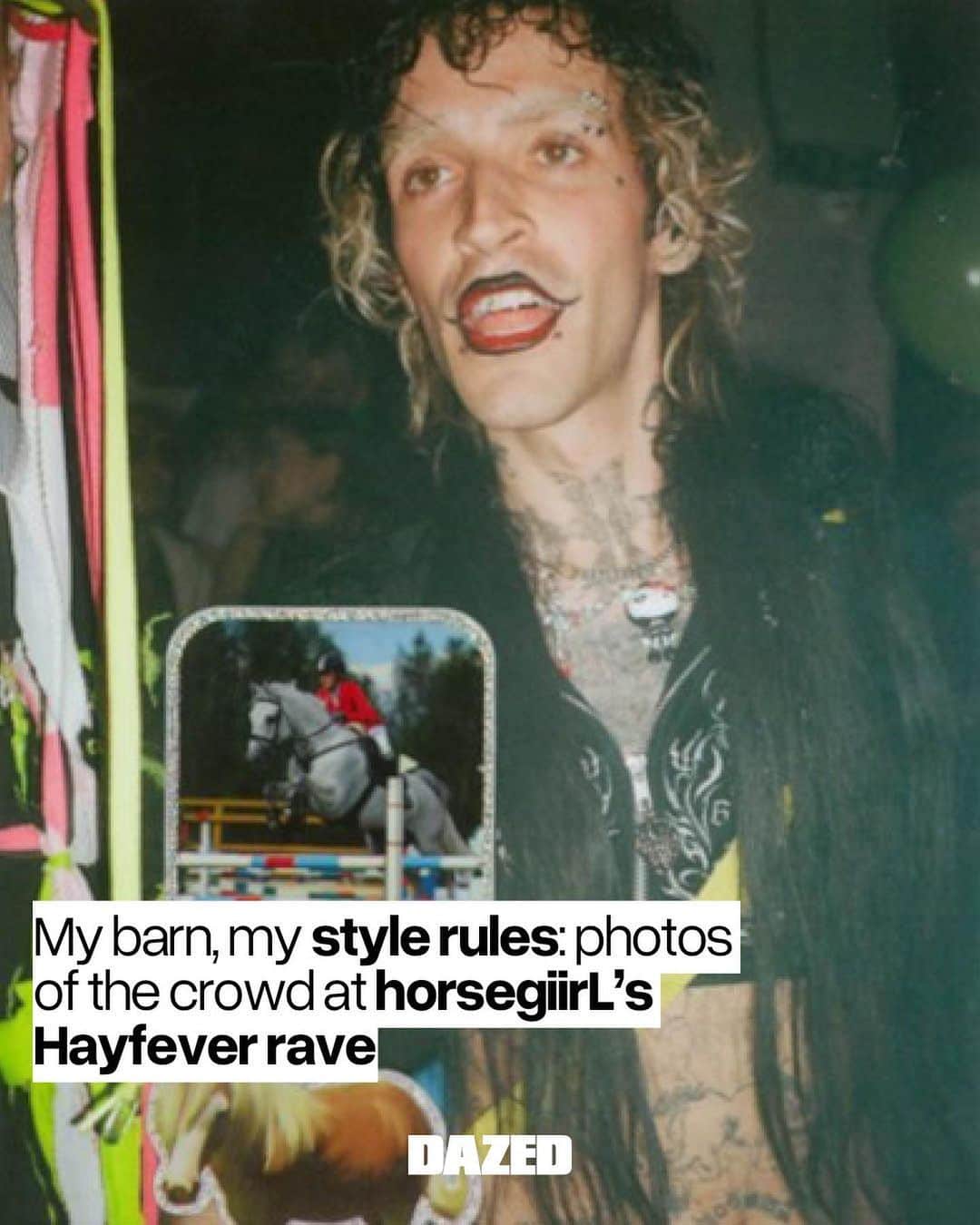 のインスタグラム：「German DJ and producer @horsegiirl420 has been one of the runaway (galloped away?) musical success stories of 2023, with her track “My Barn, My Rules” blasting out at raves up and down the full stretch of the UK this summer 🐴✨⁠ ⁠ The glossy-maned giirlie landed at London’s The Cause to throw a blowout barnyard party, so we went down and captured all the looks 👀⁠ ⁠ Tap the link in bio to see more 🔗⁠ ⁠ 📸 @street_god3⁠ ⁠ #DazedFashion⁠」