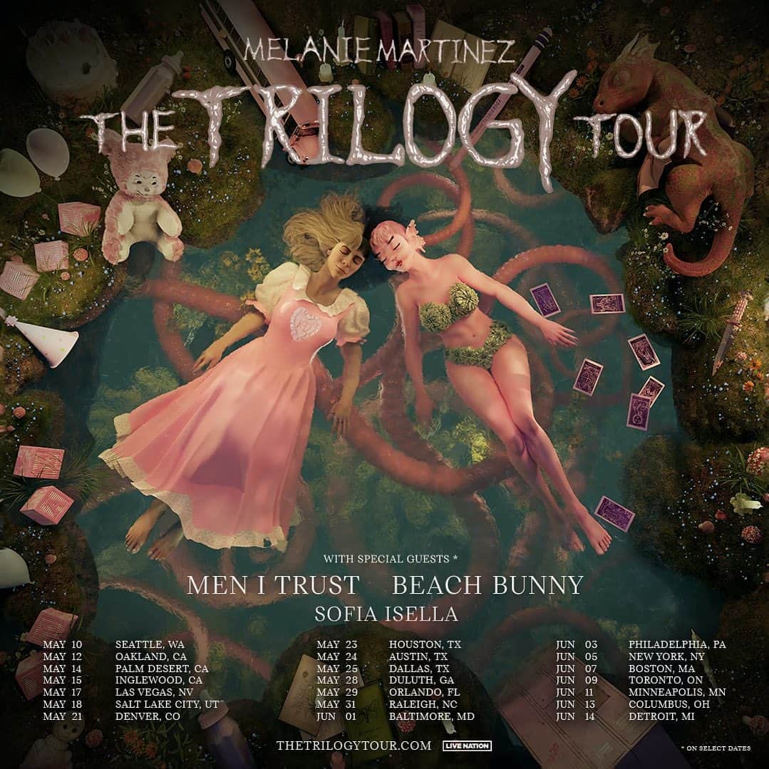 メラニー・マルティネスのインスタグラム：「🕯️the cycle of life - from the beginning of crybaby’s story to the end 🕯️ the trilogy tour!! your favorite songs from all three albums in one show 🤍🥹  with special guests:   @menitrust  @beachbunnymusic  @sofia_isella   this tour is going to be so special💐  mailing list presale starts tuesday november 14th   register at the link in bio   ♡ ♡ ♡ ♡」