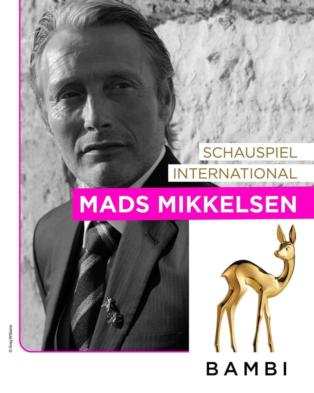 マッツ・ミケルセンさんのインスタグラム写真 - (マッツ・ミケルセンInstagram)「Er zählt zu den großen Hollywood-Schauspielern unserer Zeit: Mads Mikkelsen wird mit dem BAMBI in der Kategorie „Schauspiel International“ geehrt 🌟. „Seine Fähigkeit, sich immer wieder in unterschiedlichste Rollen zu verwandeln, zeugt von seinem außergewöhnlichen Talent und seiner tiefen Leidenschaft für die Schauspielkunst", urteilt die BAMBI-Jury.   Am kommenden Donnerstag sorgt der Däne für Hollywood-Feeling in München: Dann wird er das Goldene Reh persönlich entgegennehmen. Seid dabei: Ab 20:15 Uhr live in @sat.1 📺   //  He is one of the great Hollywood actors of our time: Mads Mikkelsen is honored with the BAMBI in the category "Acting International". Next Thursday, the Dane will create a Hollywood feeling in Munich: He will receive the German media award in person. Be there: Live on the German TV channel @sat.1 from 8:15 pm.     #BAMBI #BAMBI2023 #BAMBIAwards #MadsMikkelsen」11月10日 1時04分 - theofficialmads