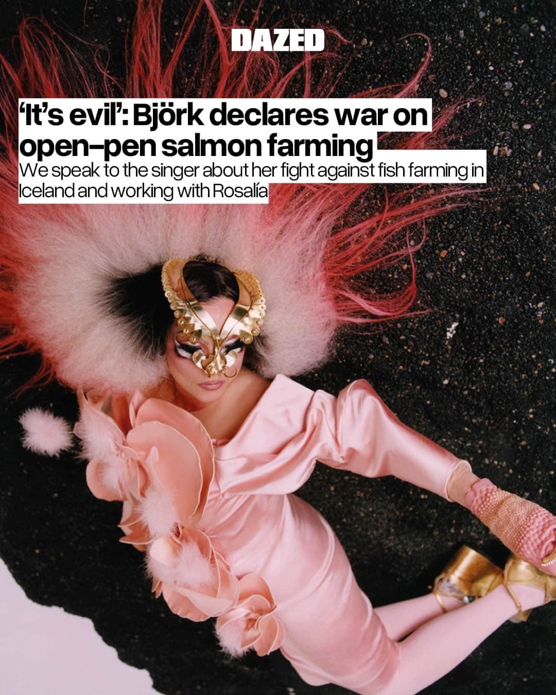 のインスタグラム：「Fortunately for Iceland’s salmon population, something important is about to happen ‼️⁠ ⁠ @bjork and @rosalia.vt have teamed up to release a single, the proceeds of which will help the residents of Seyðisfjörður (a town in the east of Iceland) take legal action against open-pen farming in their region. ⁠ ⁠ “Oral”, which Björk first recorded in the late 1990s and then lost for over two decades, is an uplifting pop song with a dancehall beat and a searching, euphoric chorus. It’s not about salmon, but it is buoyant and optimistic, which makes it the perfect soundtrack for a campaign that #Björk is confident will be victorious.⁠ ⁠ Through the link in our bio we speak to the legendary Icelandic singer about why the open-pen farming issue is so serious, collaborating with #Rosalía, and what kind of sea creature she would like to be 🐟⁠ ⁠ 📷 Harley Weir, styling Robbie Spencer」