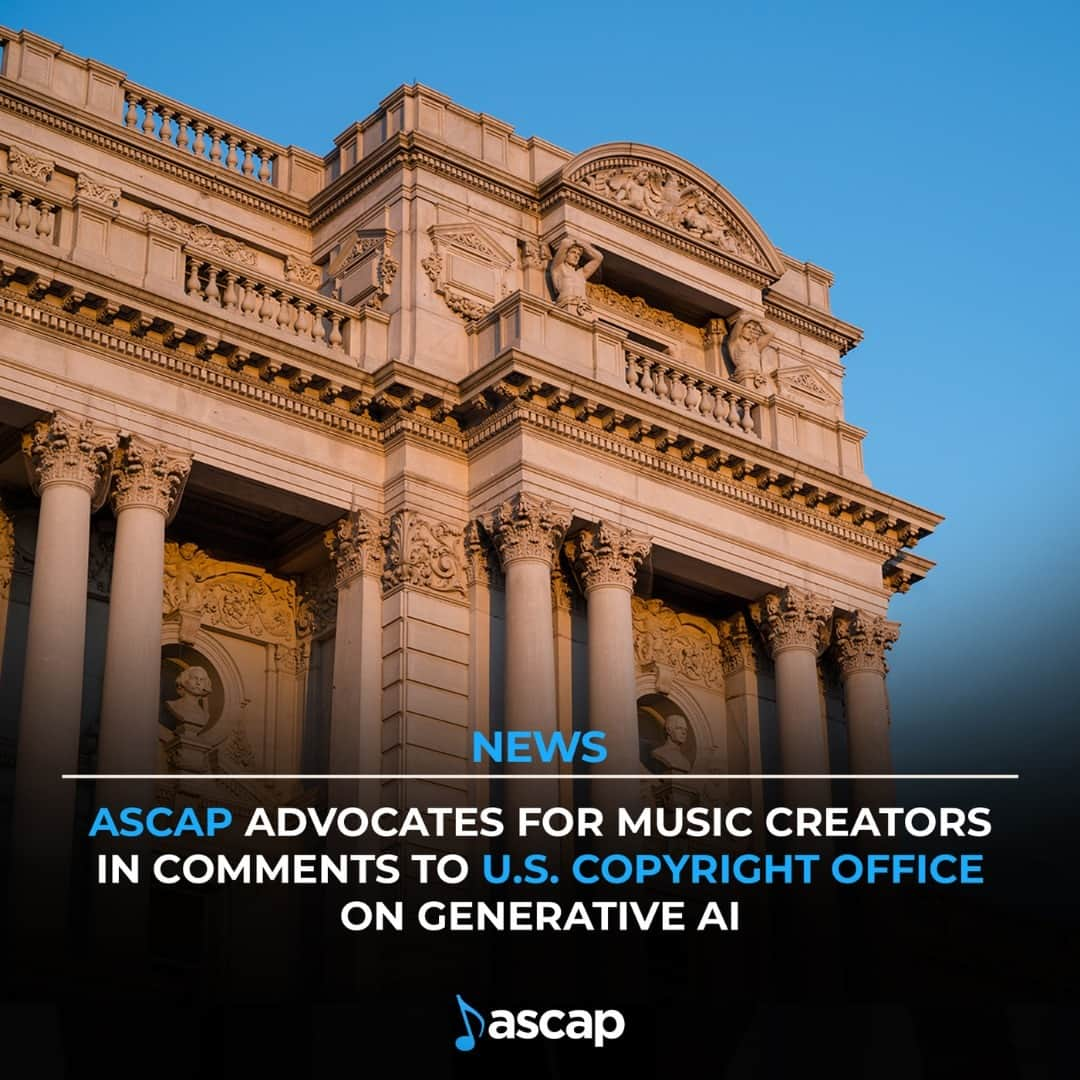 ASCAPのインスタグラム：「For OVER 100 YEARS, ASCAP has put music creators FIRST and has helped our members navigate a rapidly changing music landscape. 💙  ASCAP has taken a proactive approach in protecting the rights and livelihoods of songwriters, composers, and music publishers by submitting a comprehensive response to the Copyright Office's study on copyright and related issues pertaining to generative AI.   As artificial intelligence presents both exciting new possibilities and challenges, we remain steadfast in our commitment to addressing these matters and advocating for the interests of our members.  Tap the 🔗 in bio for our full comments submission to the U.S. Copyright Office.」