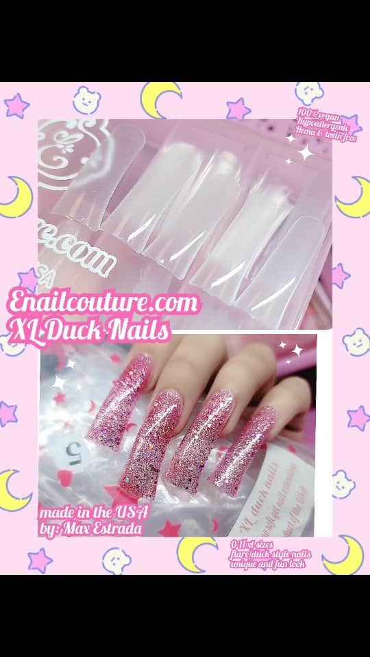 Max Estradaのインスタグラム：「Enailcouture.com new 123go xl duck nails are EVERYTHING,  xl lenght pre made full coverage gel nail,  vegan Hypoallergenic and hema free, made in America  Enailcouture.com new black label 123go nails,  the next level full coverage pre made gel nails,  15 sizes from 00 to 13. Thin cuticle area and thicker tip for the perfect look and pre etched so no extra steps ! Made in the usa #nailsnailsnails #nails #nailsdesign #nailart #nails #nailsart #fyp」