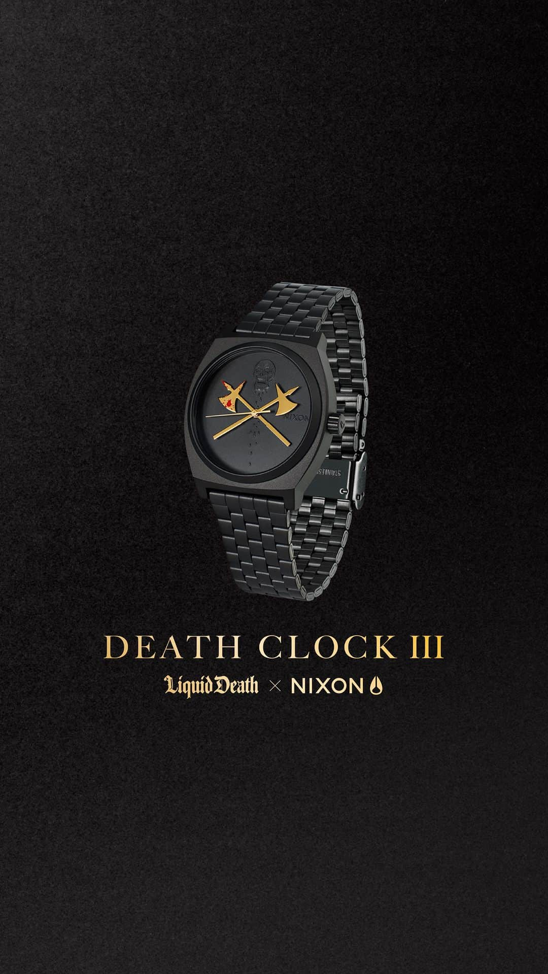 ニクソンのインスタグラム：「You don’t wear the new Death Clock III from @nixon x @liquiddeath. It wears you.  Get possessed at the link in bio.  #liquiddeath #murderyourthirst #deathtoplastic」