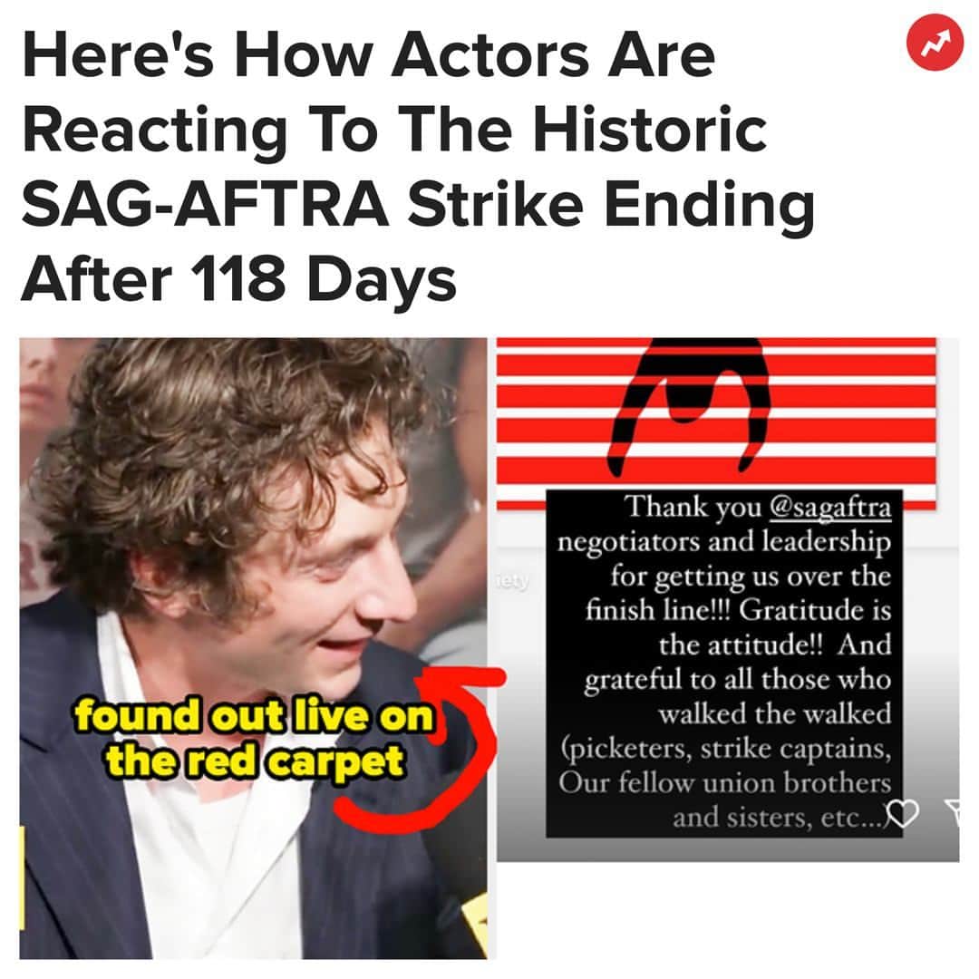 BuzzFeedのインスタグラム：「Yesterday, after 118 days on strike, SAG-AFTRA negotiators announced they've reached a tentative agreement with the Alliance of Motion Picture and Television Producers (AMPTP) that will end the longest TV and movies actors strike of all time. More at the link in bio ☝️」