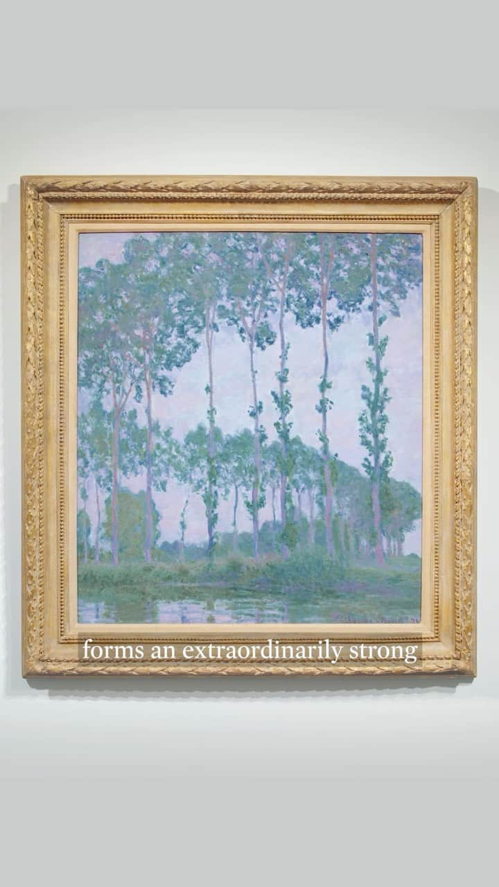 サザビーズのインスタグラム：「Belonging to one of the greatest series of his career, Claude Monet’s ‘Peupliers au bord de l’Epte, temps couvert’ stands among the finest depictions of the tree-lined banks of the river Epte.  In the spring of 1891, Monet began work on a group of twenty-four paintings of these poplar trees. As Sotheby’s @newmanhelena explains, not long after Monet began to paint them, the nearby town decided to auction off the trees.  As he relayed the story years later, Monet asked the owner of the saw mill “what price he was going to buy them for. ‘Go higher’ he said to the timber merchant. ‘I’ll pay the difference but let me have time to paint them.”  ‘Peupliers au bord de l’Epte, temps couvert,’ originally from the collection of Bertha and Potter Palmer, belongs to a subset of the series painted in a squarer format—the broader canvas allowing for the sweeping serpentine curves of the line of poplar trees. The work is coming to auction for the first time in nearly six decades in the Modern Evening Auction at #SothebysNewYork on 13 November, presented in partnership with @samsungus. #SothebysModern #ClaudeMonet」