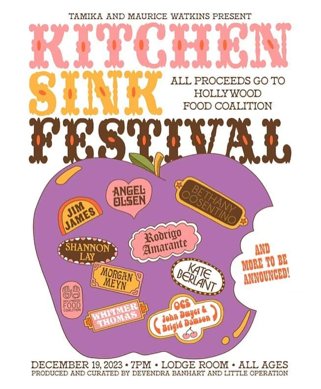 デヴェンドラ・バンハートのインスタグラム：「December is upon us and it’s time to greet that long night moon with a gentle croon… it’s Kitchen Sink 2! We curated a night of funny music and serious comedy to help the folks at Hollywood Food Coalition help some folks get a warm meal, see you there! All proceeds one again will be going to @hollywoodfoodco   December 19. Lodge Room. Tickets On Sale Now.   Special Guests! And more to be added !   #What’s your Sitchen Kink?  Poster by the incredible @clayhickson」