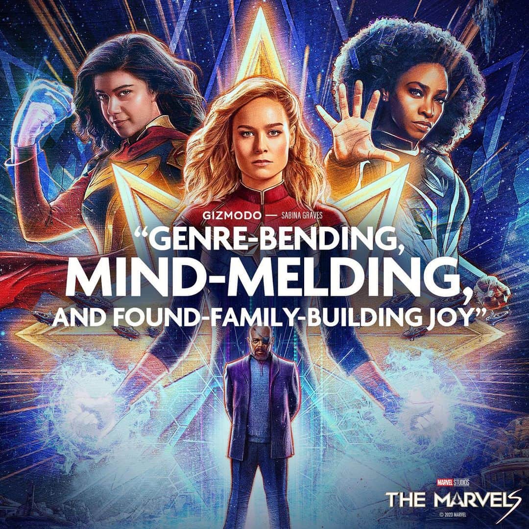 Marvel Entertainmentのインスタグラム：「A “genre-bending” and “mind-melding” adventure worthy of a big screen experience!   Get tickets now to see #TheMarvels, in theaters tonight. Link in bio.」