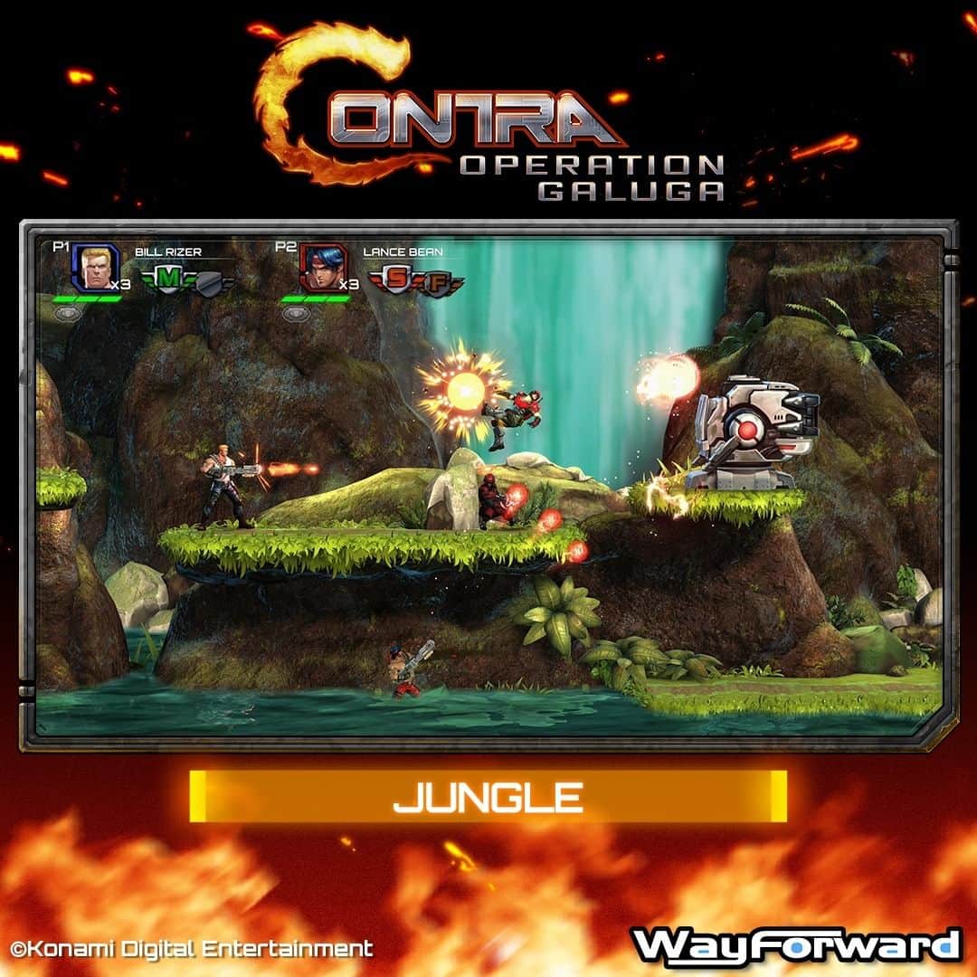 KONAMIのインスタグラム：「The mission begins with an intense trek through a jungle overrun with Red Falcon forces.   Beware of ground troops, gun batteries, and enemy sappers, as well as a helicopter crash that sets the jungle ablaze!   #Contra: Operation Galuga arrives in early 2024!」