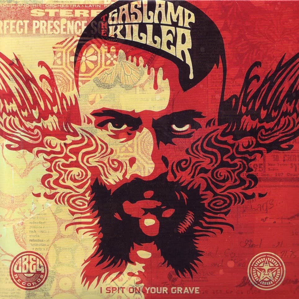 Shepard Faireyのインスタグラム：「It’s been 15 years since I teamed up with @gaslampkiller to do the art for the I Spit On Your Grave mix release. The art was inspired by @theojemison’s photograph of The GLK’s face, combined with his music and personality. The GLK is into dark and psychedelic sounds, so that, combined with his name, called for a hippie/horror salad tossed with a blood vinaigrette. The Gaslamp Killer’s more sinister personal look only enhanced the flavor, having shaved his dreads and grown an unruly beard and sideburns combo worthy of the most savage maniacs. You must wade through boiling pools of blood to get to the promised land, but the journey The Gaslamp Killer takes you on is all part of the destination. The GLK will be doing a DJ set at the opening night of my ICONS show at @subliminalprojects on November 18th from 7-10pm. Email rsvp@subliminalprojects.com to attend! –Shepard」