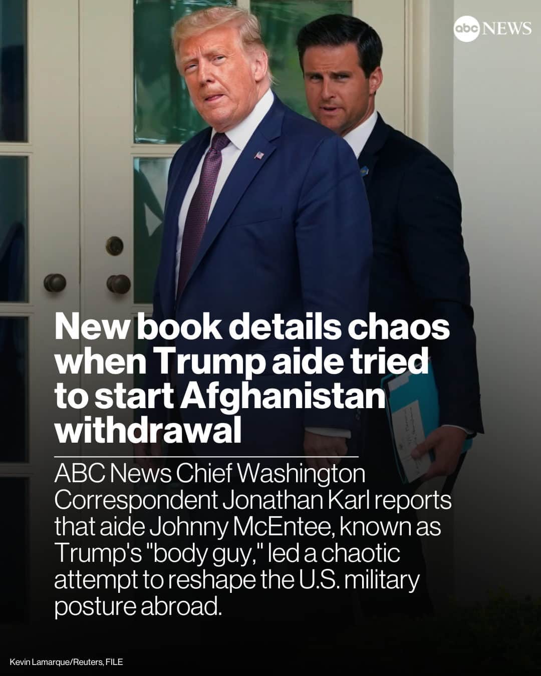 ABC Newsさんのインスタグラム写真 - (ABC NewsInstagram)「In his final days in the White House, former Pres. Trump tried to launch a U.S. military withdrawal from Afghanistan — only he wasn't exactly the person giving the orders, according to a new book by @ABCNews Chief Washington Correspondent @JonKarl.  Read more at the link in bio.」11月10日 22時10分 - abcnews