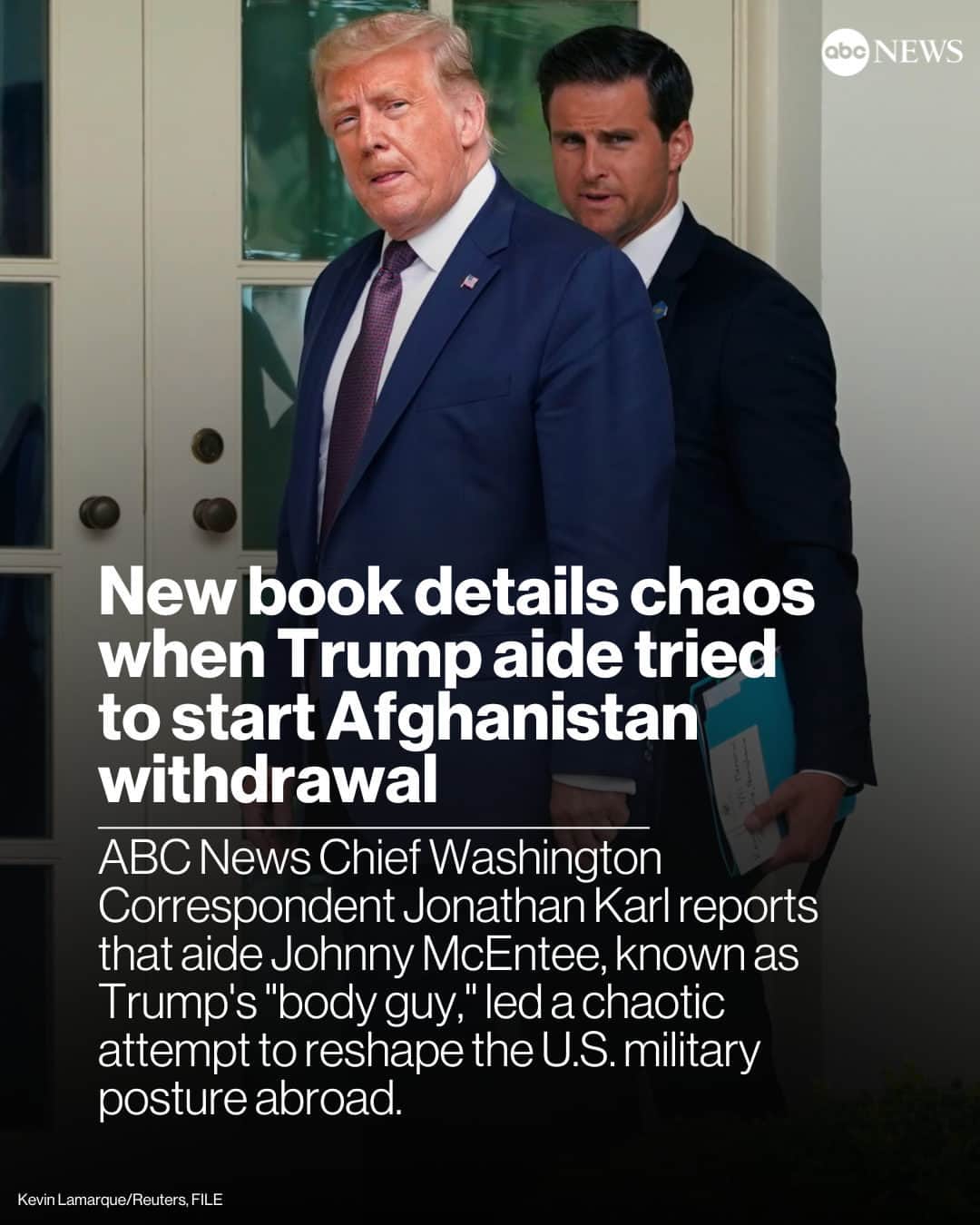 ABC Newsのインスタグラム：「In his final days in the White House, former Pres. Trump tried to launch a U.S. military withdrawal from Afghanistan — only he wasn't exactly the person giving the orders, according to a new book by @ABCNews Chief Washington Correspondent @JonKarl.  Read more at the link in bio.」