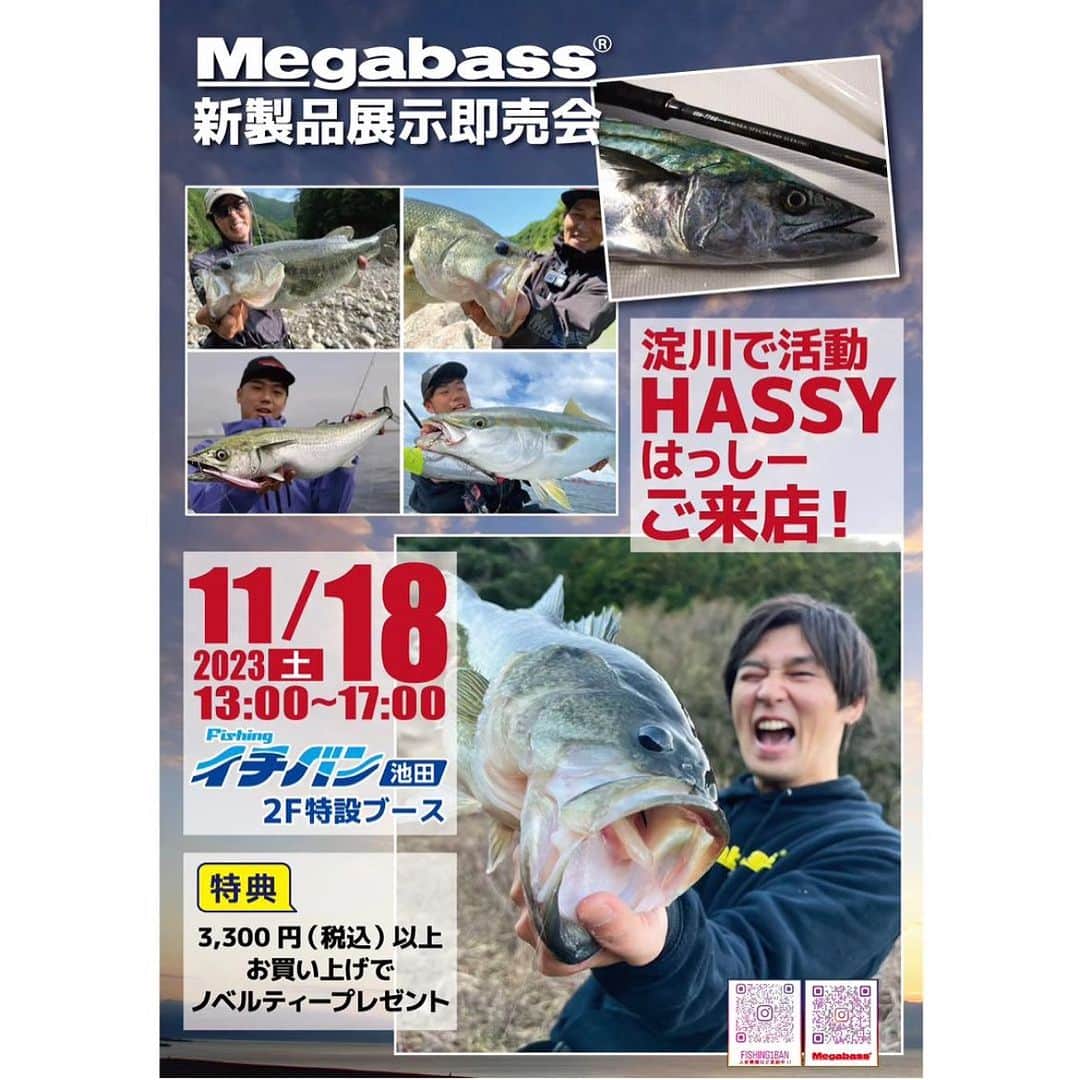 HASSYのインスタグラム：「【告知🐼】 おはようございます👱🏻‍♀️ 来週の11/18(土)Fishingイチバン池田様にて、久々イベント‼️ 新製品展示即売会💁🏼‍♀️3,300円以上お買い上げの方にノベルティプレゼントございます🫰 ええやんかぁステッカー持っていきます🙋‍♂️  とにかく買い物しに来てください🛍️🐼🙏  ええやんかぁ‼️  #Megabass #メガバス #myMegabass #Megabassrod #bassfishing #fishing #釣り #バス釣り #バスフィッシング #ブラックバス #lure #lurefishing #シーバス #サゴシ#サワラ #青物 #ええやんかぁ #フィッシングイチバン #フィッシングイチバン池田」