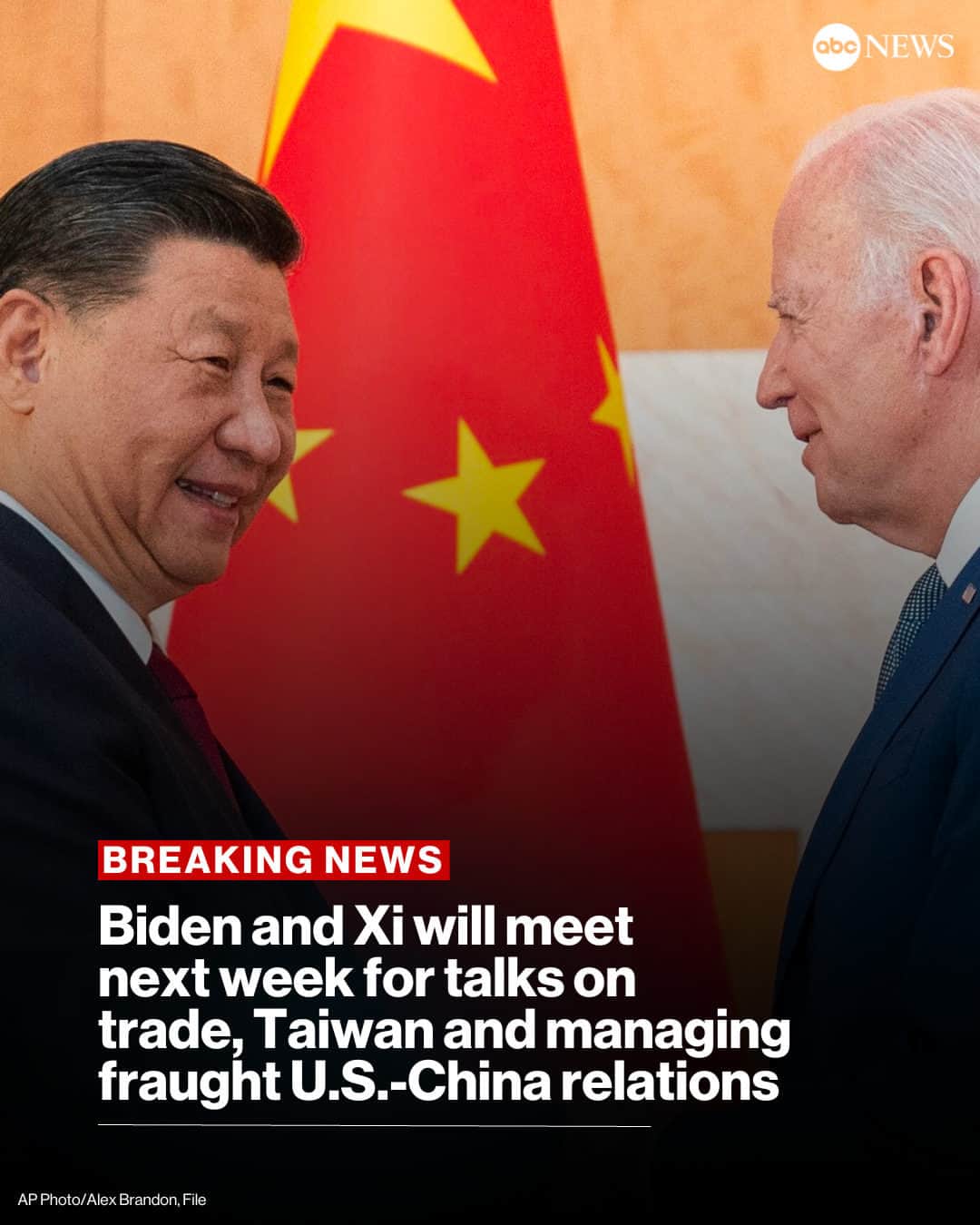 ABC Newsのインスタグラム：「Pres. Biden and Chinese Pres. Xi Jinping will meet next week in California for talks on trade, Taiwan and managing fraught U.S.-Chinese relations in the first engagement between the leaders of the world's two biggest economies in nearly a year, Biden administration officials said.  The White House has said for weeks that it anticipated the pair would meet on the sidelines of the Asia-Pacific Economic Cooperation summit in San Francisco, but negotiations went down to the eve of the gathering, which kicks off tomorrow.  Read more at the link in bio.」