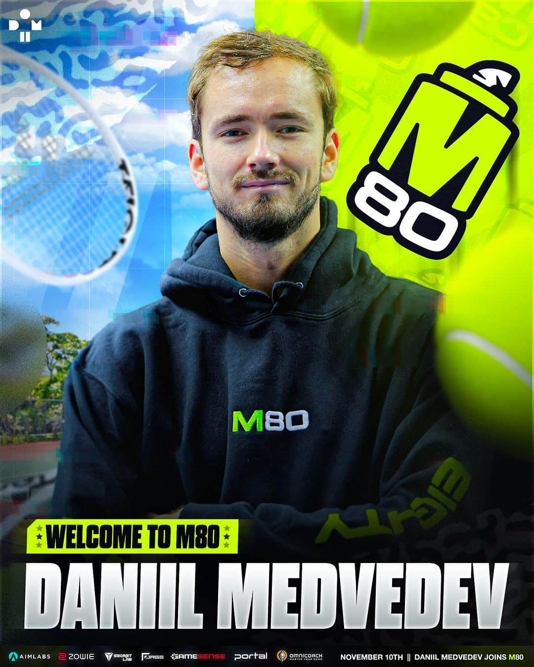 ダニール・メドベージェフのインスタグラム：「We are thrilled to announce that Daniil Medvedev, Global tennis star and the current world No. 3, has joined the @m80gg_ ownership group. As we continue building a world-class esports organization, Daniil joining @m80gg_ supercharges our vision.  Make sure to follow us @m80gg_ and swipe right to enter Daniil’s signed jersey giveaway!」