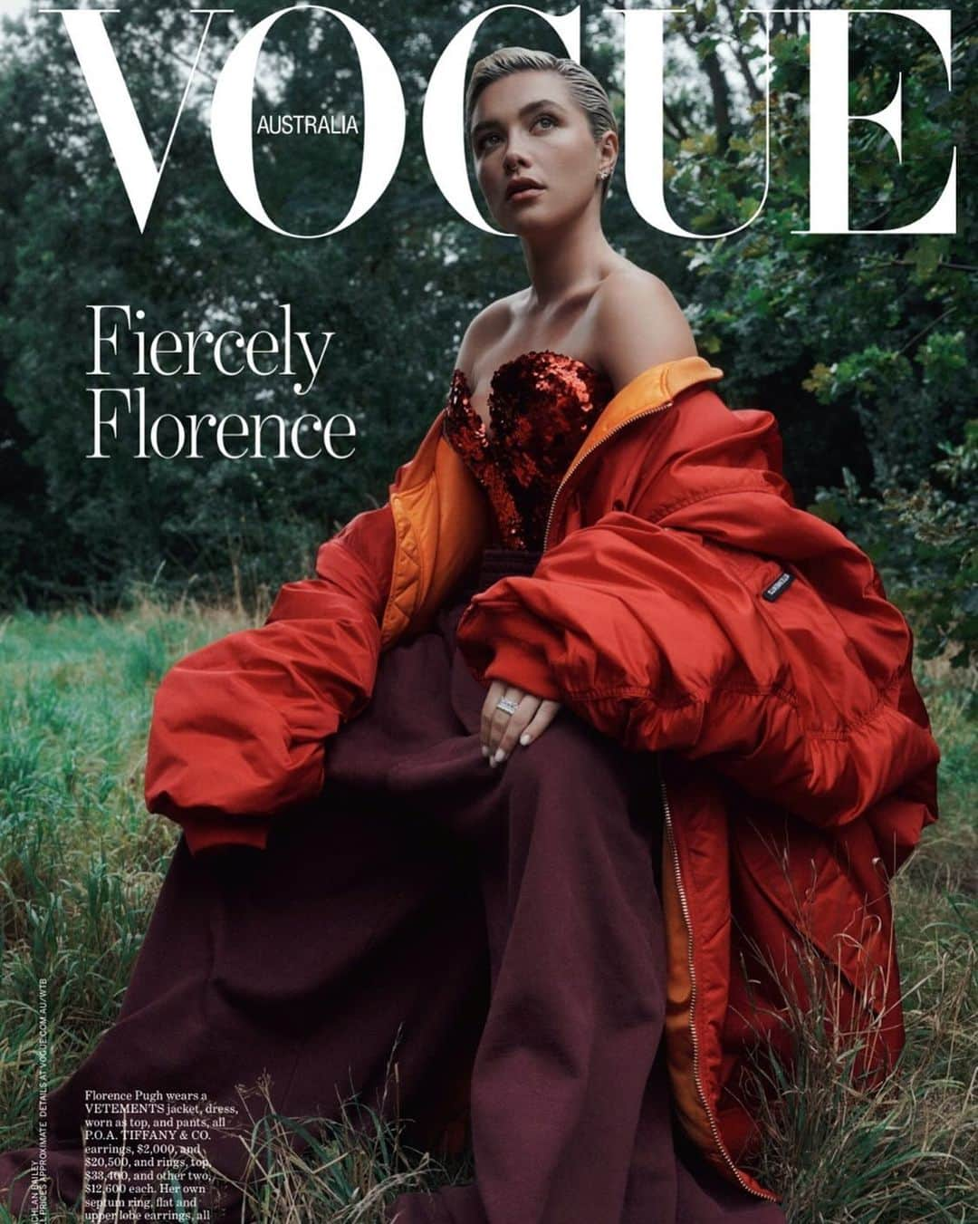 ヴェトモンのインスタグラム：「@florencepugh WEARING VETEMENTS 16XL COLLECTION BY @gvasalia ON THE COVER OF VOGUE AUSTRALIA @vogueaustralia」