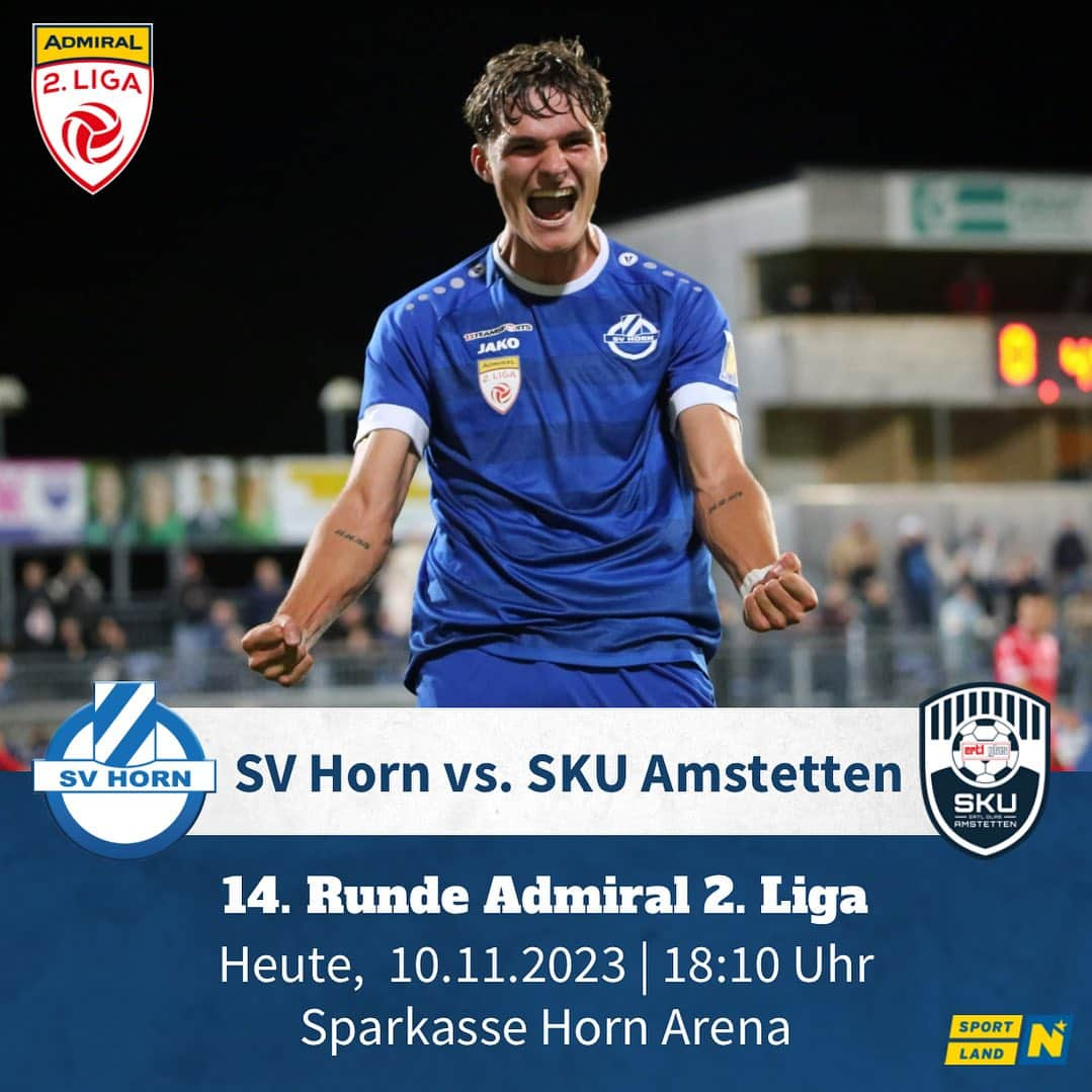 SVホルンのインスタグラム：「Heimspiel🤩  ▶️ 14. Runde Admiral 2. Liga  🗓️ Heute, 10.11.2023 🕕 18:10 Uhr  🆚 SKU Ertl- Glas Amstetten 🏟️ Sparkasse Horn Arena  📖Hier geht’s zum Vorbericht⬇️ https://www.svhorn.at/profis/spielvorschau/nö-derby-gegen-amstetten-0  📽Das Spiel könnt ihr LIVE auf ORF Sport+ und LaolaTV verfolgen.⬇️ https://tvthek.orf.at/livestream/Fussball-2-Liga-Horn-Amstetten/14265650   https://www.laola1.at/de/sportdaten/matchcenter/Fussball/Oesterreich/2Liga/match/41968119/livestream Be part of it.🫶🏼   #aufgeht #admiralligazwa #letsgo #freitagsspiel #greifenan #wirschaffendas #zusammenhalten #kommtinsstadion #heimspiel #svhornfamilie #leidenschaftfussball #sportlandnoe #bepartofit」