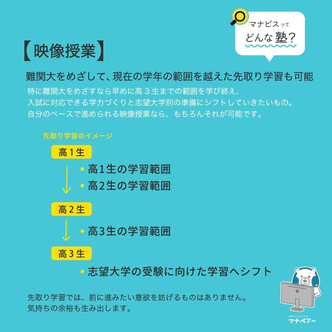 【公式】河合塾マナビスのインスタグラム：「. 【マナビス ってどんな塾?📕】 〜映像授業｜難関大をめざして、現在の学年の範囲を越えた先取り学習も可能〜  特に難関大をめざすなら 早めに高3生までの範囲を学び終え、入試に対応できる学力づくりと志望大学別の準備にシフトしていきたいもの。 自分のペースで進められる映像授業なら、もちろんそれが可能です。  ◎先取り学習のイメージ◎ 高1生（高1生の学習範囲） 　↓ （高2生の学習範囲） 高2生 　↓ （高3生の学習範囲） 高3生（志望大学の受験に向けた学習へシフト）  先取り学習では、前に進みたい意欲を妨げるものはありません。気持ちの余裕も生み出します。  #河合塾 #マナビス #河合塾マナビス #マナグラム #勉強垢さんと一緒に頑張りたい #テスト勉強 #勉強記録 #がんばりますがんばろうね #勉強垢さんと繋がりたい #勉強頑張る #勉強法 #高1勉強垢 #高2勉強垢 #高3勉強垢 #スタディープランナー #頑張れ受験生 #第一志望合格し隊 #受験生勉強垢 #受験生 #大学受験 #共通テスト #目指せ努力型の天才 #努力は裏切らない #努力型の天才になる #勉強垢さんと頑張りたい #勉強勉強 #志望校合格 #映像授業」