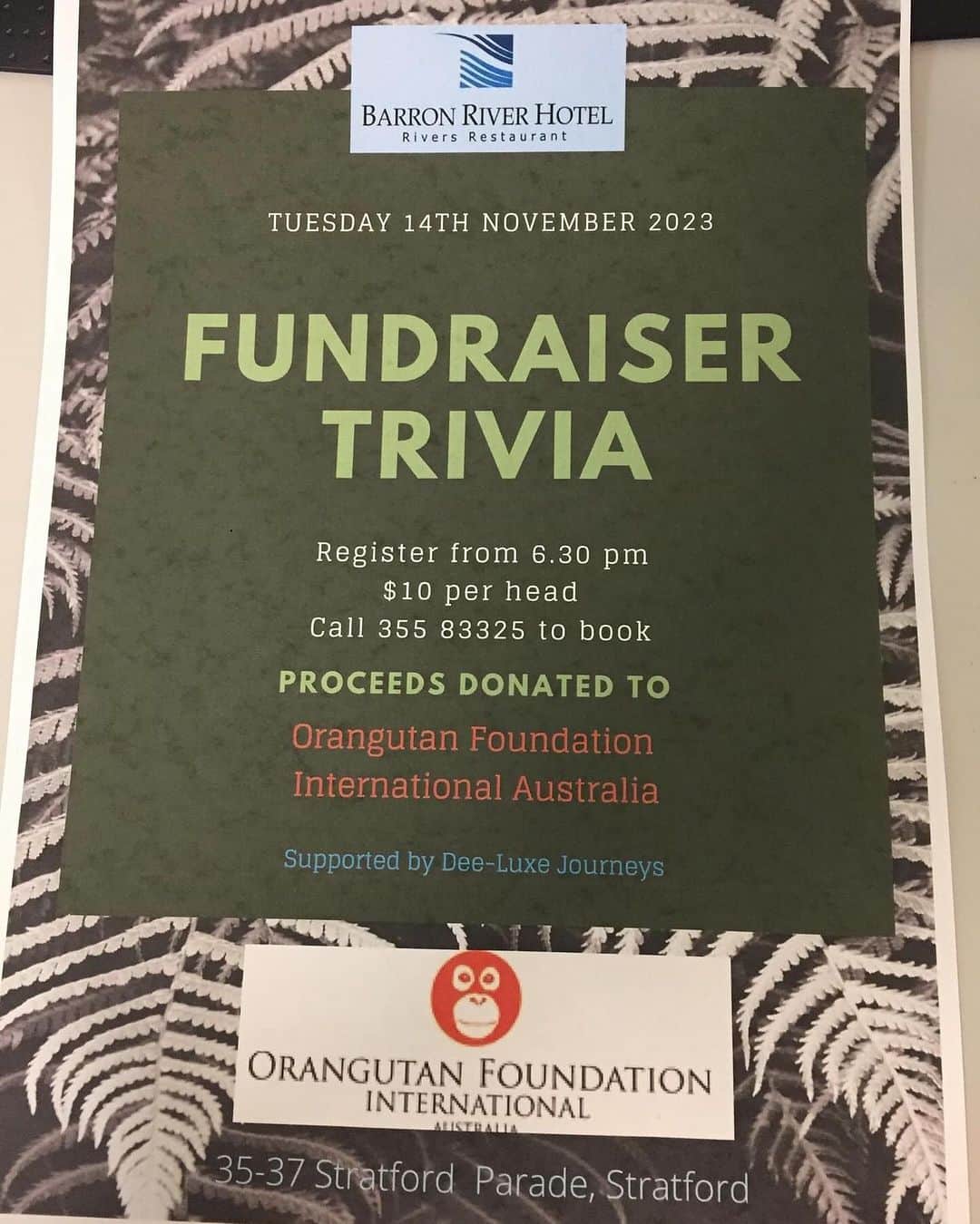 OFI Australiaのインスタグラム：「To all our Cairns & Far North Queensland friends ... We would love you to come to our fundraiser Trivia Night on Tuesday night, 14th November at the Barron River Hotel, 35 Stratford Parade, Stratford. It will be so much fun! Who doesn't love a trivia night?!  Only $10 per person. All proceeds will help us in our fight to save orangutans. To book, please call 07 3558 3325. You can book for one and join a table, or put your own table together. Lots of orangutan merchandise will be on sale - start your Xmas shopping early! We so hope to see you there.   #trivianight #cairnsfundraiser #fundraiser #barronriverhotel」