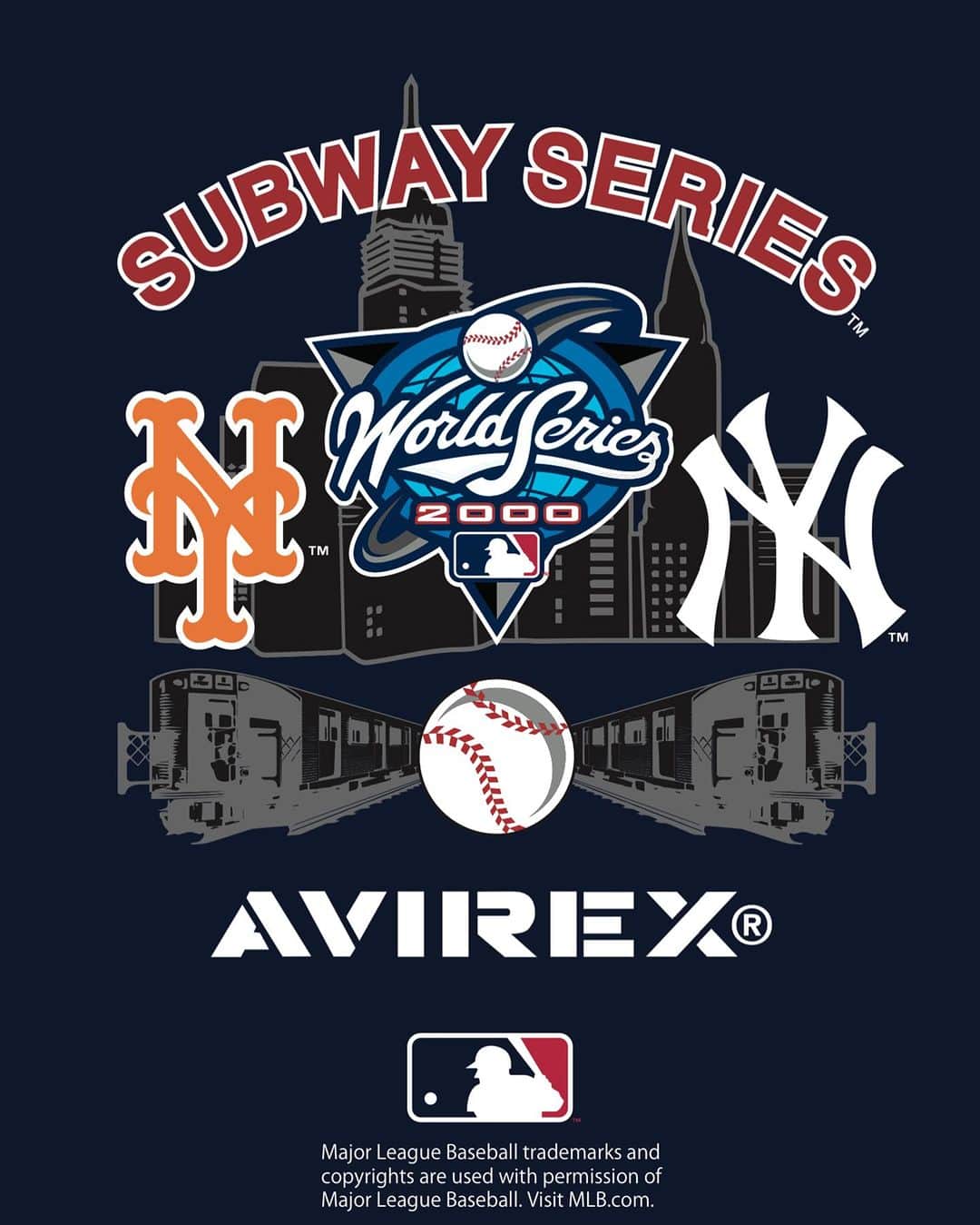 GROW AROUNDのインスタグラム：「#growaroundnewarrivals  《AVIREX × MLB》 STADIUM JACKET SUBWAY SERIES	 2023年FWテーマの文脈から再び実現した「MLB/メジャーリーグベースボール」とのコラボレーション。 	2000年のワールドシリーズはニューヨーク市内に拠点を置くメジャーリーグベースボール（MLB）のチーム同士（ニューヨーク・ヤンキースとニューヨーク・メッツ）のライバル対決試合だった。  その熱戦がもたらす期待感がNY中を満たしたワールドシリーズとサブウェイシリーズをグラフィックベースに仕上げた。  ファンにとっては垂唾のアイテム群となっている。」