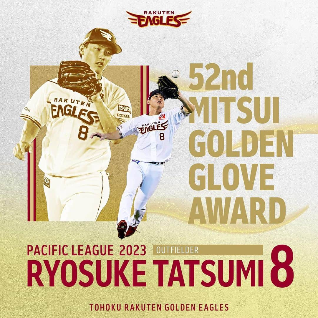 東北楽天ゴールデンイーグルスのインスタグラム：「⚾️  「第52回三井ゴールデン・グラブ賞」の受賞選手が発表され 辰己涼介選手がパ・リーグ外野手部門に選出されました‼️‼️ 3年連続3度目の受賞となります🤚🤚🤚  #RakutenEagles #辰己涼介  #三井ゴールデングラブ賞」