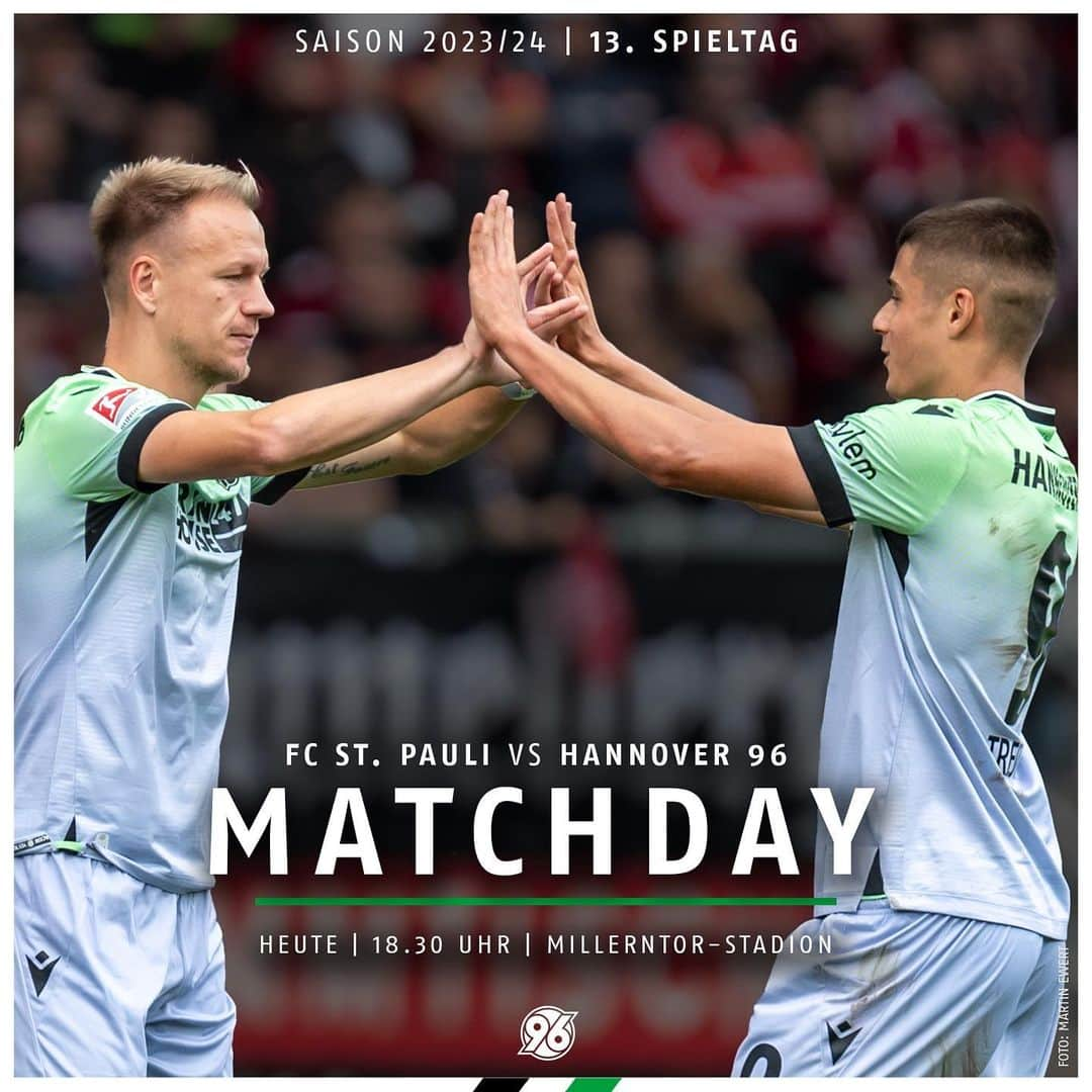 ハノーファー96のインスタグラム：「#MATCHDAY! 🏟️ Heute. 18.30 Uhr. Alles geben am Millerntor! 🙌  #FCSPH96 #H96 #Hannover96 #NiemalsAllein ⚫️⚪️💚」