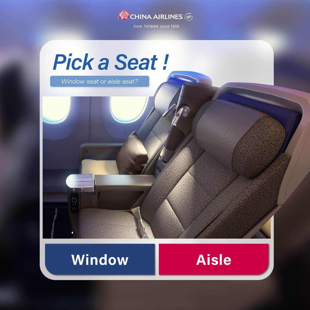 日本地区チャイナ エアラインのインスタグラム：「【Flight Seats Preferences】　  飛行機に乗る際、窓側と通路側の席、どちらがお好きですか？ ぜひコメントで教えてください🙌  ＜公式HP＞ https://goo.gl/vif8Qp  #chinaairlines #中華航空 #台湾 #台湾旅行 #台湾好きな人と繋がりたい  ------------------------------------------------- DFPに入会するとバースデーディスカウント等のうれしい特典が盛りだくさん！ ご入会はコチラ👉　https://bit.ly/3YIQ7cl」