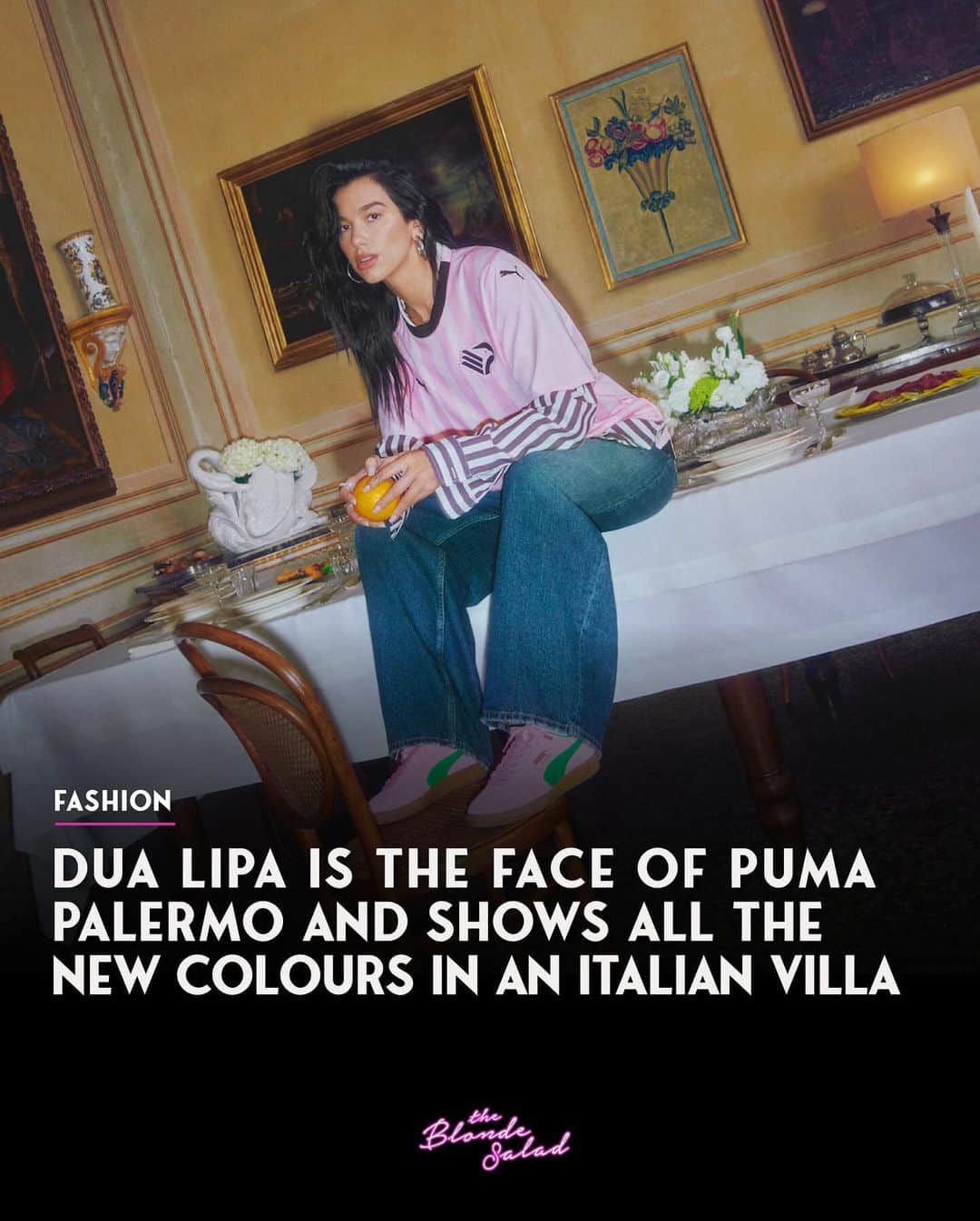 Blonde Saladのインスタグラム：「This must be Dua Lipa Day. Not only is the global superstar back today with "Houdini", the eagerly awaited single introducing the start of a new chapter after the success of Future Nostalgia, but she is also the face of the new Puma Palermo drop.    Puma continues to celebrate the classic Palermo trainer and for the latest chapter of the first campaign has prepared, together with Dua Lipa, a special dinner party in a historic Italian villa. Palermo is the guest of honour, portrayed against a backdrop of frescoes and laid tables.   The Puma Palermo that originally made its debut in the football stadiums of the 1980s, where it was a staple for the crowd in the stands, is part of Puma's history and even today its unmistakable DNA evokes a deep sense of footballing nostalgia. The 2023 version features new colourways, featuring a signature tag with gold lettering on the upper, a retro T-toe construction, the classic gum sole and the Puma cat logo on the heel.  📸 Courtesy of Puma  #DuaLipa #Puma #PumaPalermo #Houdini #TheBlondeSalad」