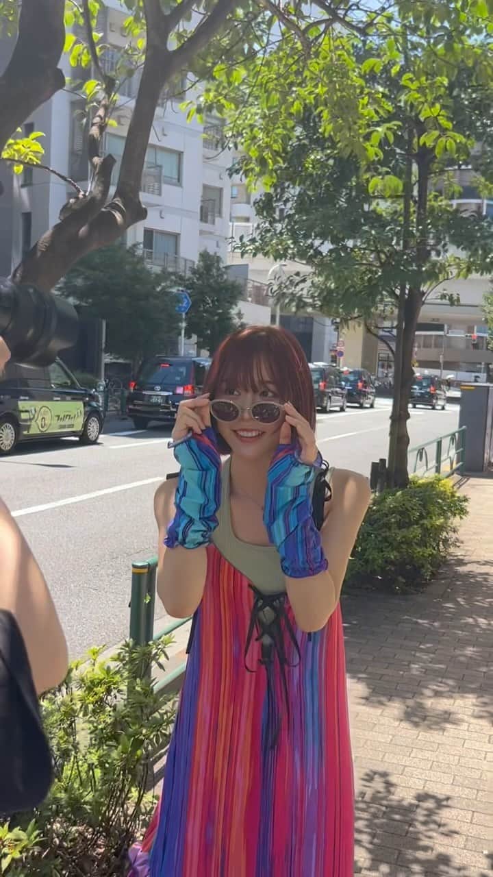 神成藍子のインスタグラム：「夏にすっごくお気に入りだった自作ワンピ💜🩷  撮影した写真は にてMV風になってアップされてるので見てね👀💭(@columbia_filterproject )」