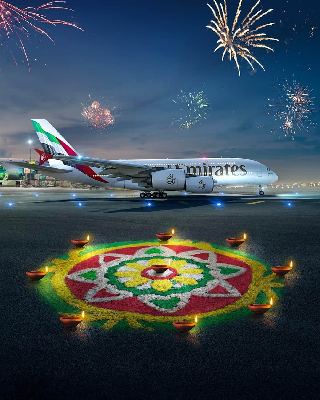 エミレーツ航空のインスタグラム：「From the runway to the skies, we're lighting up our world.  Wishing all who are celebrating a happy Diwali. ✨🪔  #Emirates #FlyBetter #Diwali」