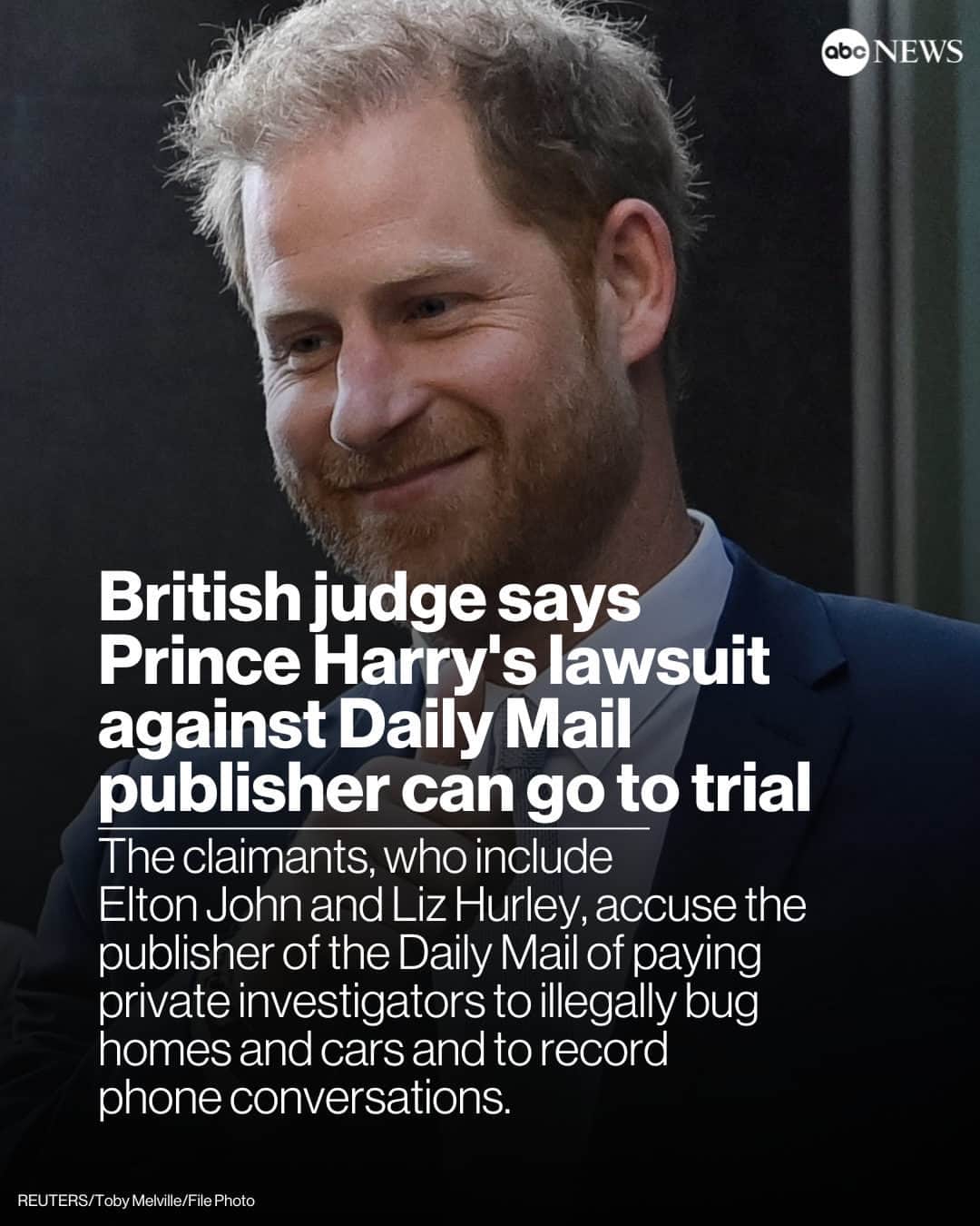 ABC Newsのインスタグラム：「A judge in the U.K. issued a ruling in Prince Harry's lawsuit against Associated Newspapers Ltd., the publisher of the Daily Mail, The Mail on Sunday and the MailOnline.  The judge ruled that the lawsuit filed by the Duke of Sussex, as well as several other high-profile figures can move forward, according to the United Kingdom's Courts and Tribunals Judiciary.  Read more at the link in bio.」