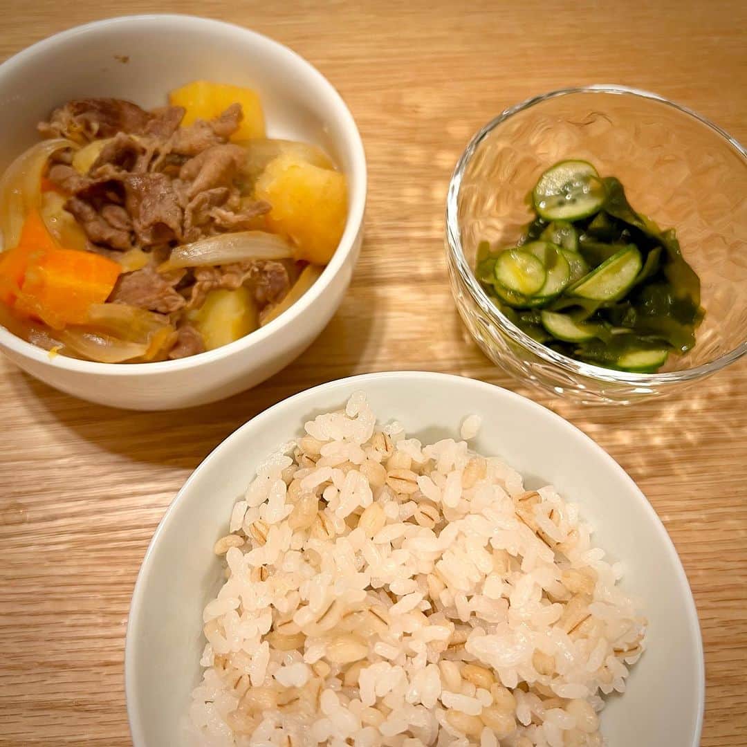 竹井亮介のインスタグラム：「2023年11月10日。 肉じゃが と きゅうりとわかめの酢の物。 #とっつぁん料理」