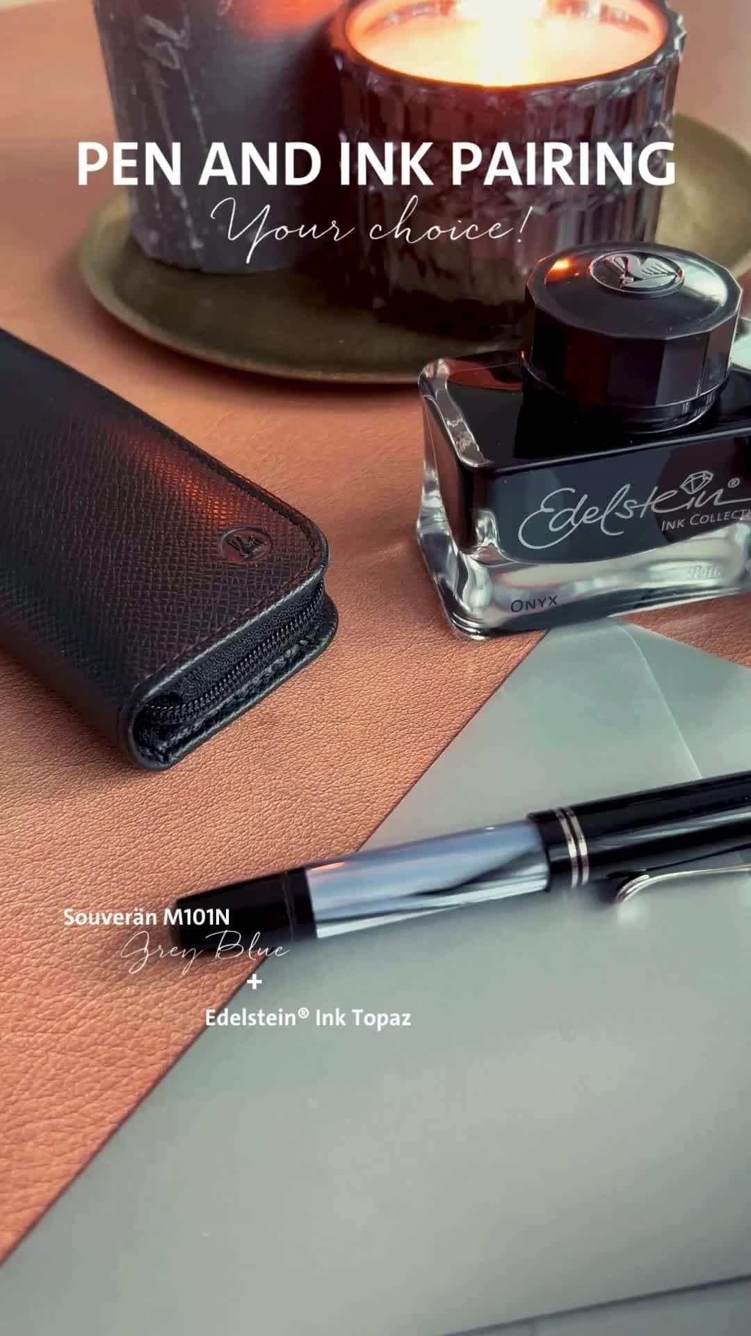 ペリカンのインスタグラム：「Dipping into elegance with the timeless combo of the Pelikan M101n Grey-Blue fountain pen and the Edelstein Ink Topaz. ✨ 💙🖋️  What do you think about this combination?  Which color of our Edelstein Inks would you choose next time?  #PenAndInkPairing #PelikanPassion」